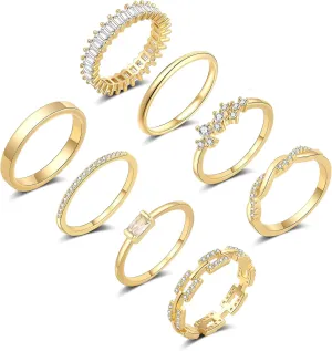 Gold Rings for Women Non Tarnish 14K Gold/Silver Stackable Rings Set Dainty Cubic Zirconia Diamond Thumb Rings Wedding Eternity Band Trendy Simple Baguette Ring Size 5 6 7 8 9 10