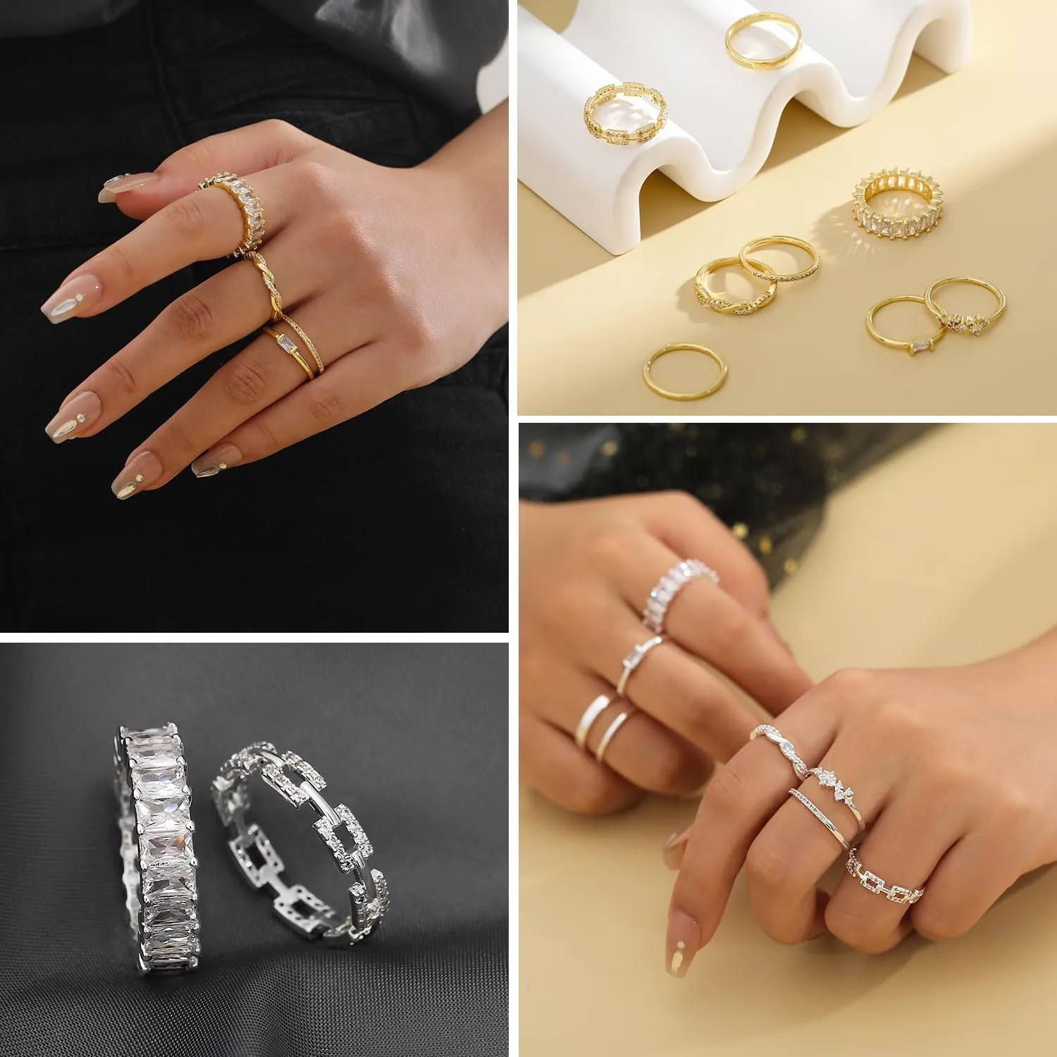 Gold Rings for Women Non Tarnish 14K Gold/Silver Stackable Rings Set Dainty Cubic Zirconia Diamond Thumb Rings Wedding Eternity Band Trendy Simple Baguette Ring Size 5 6 7 8 9 10
