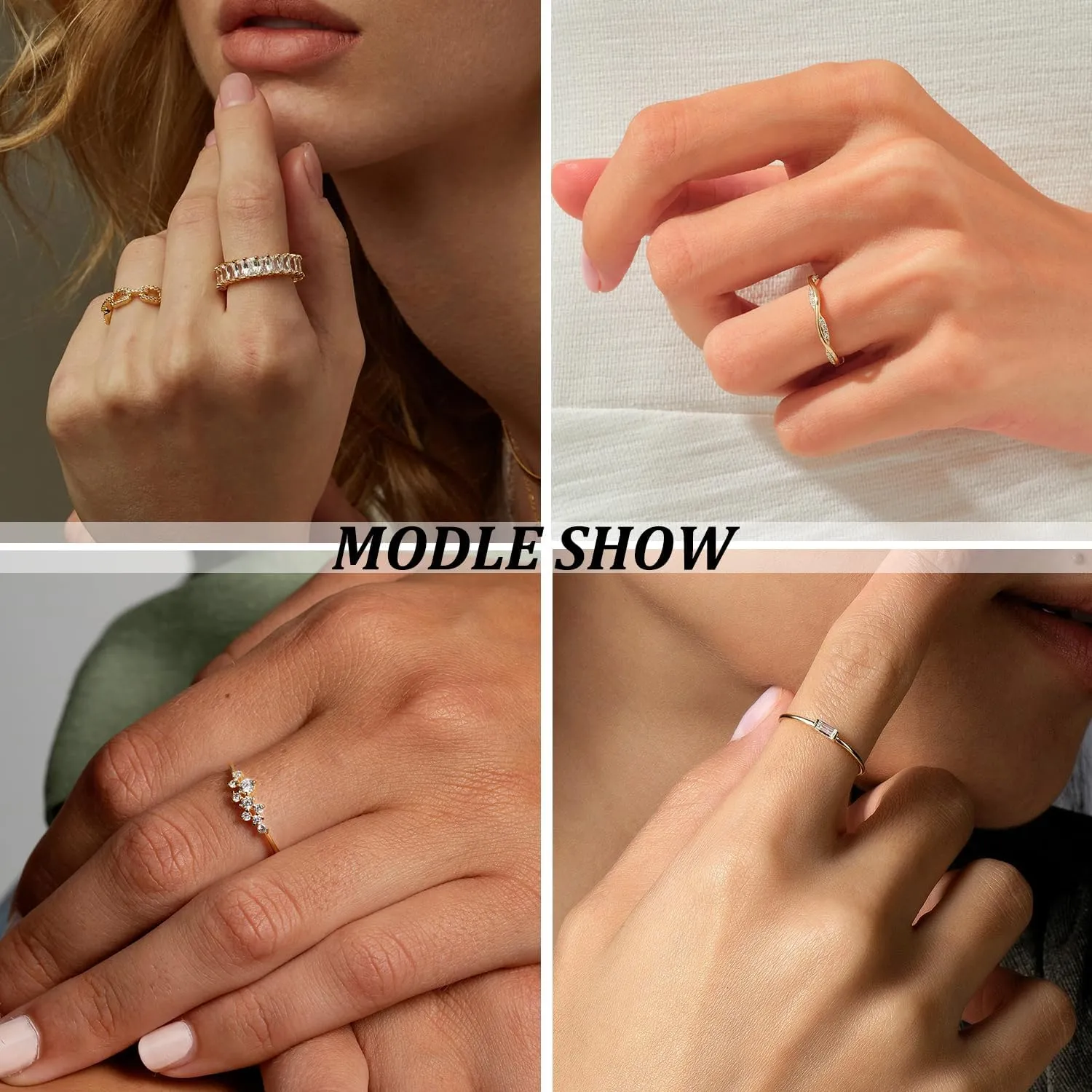 Gold Rings for Women Non Tarnish 14K Gold/Silver Stackable Rings Set Dainty Cubic Zirconia Diamond Thumb Rings Wedding Eternity Band Trendy Simple Baguette Ring Size 5 6 7 8 9 10