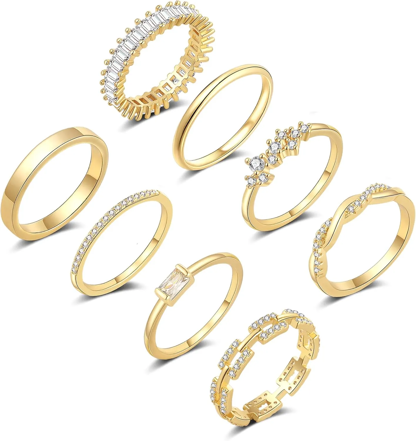 Gold Rings for Women Non Tarnish 14K Gold/Silver Stackable Rings Set Dainty Cubic Zirconia Diamond Thumb Rings Wedding Eternity Band Trendy Simple Baguette Ring Size 5 6 7 8 9 10