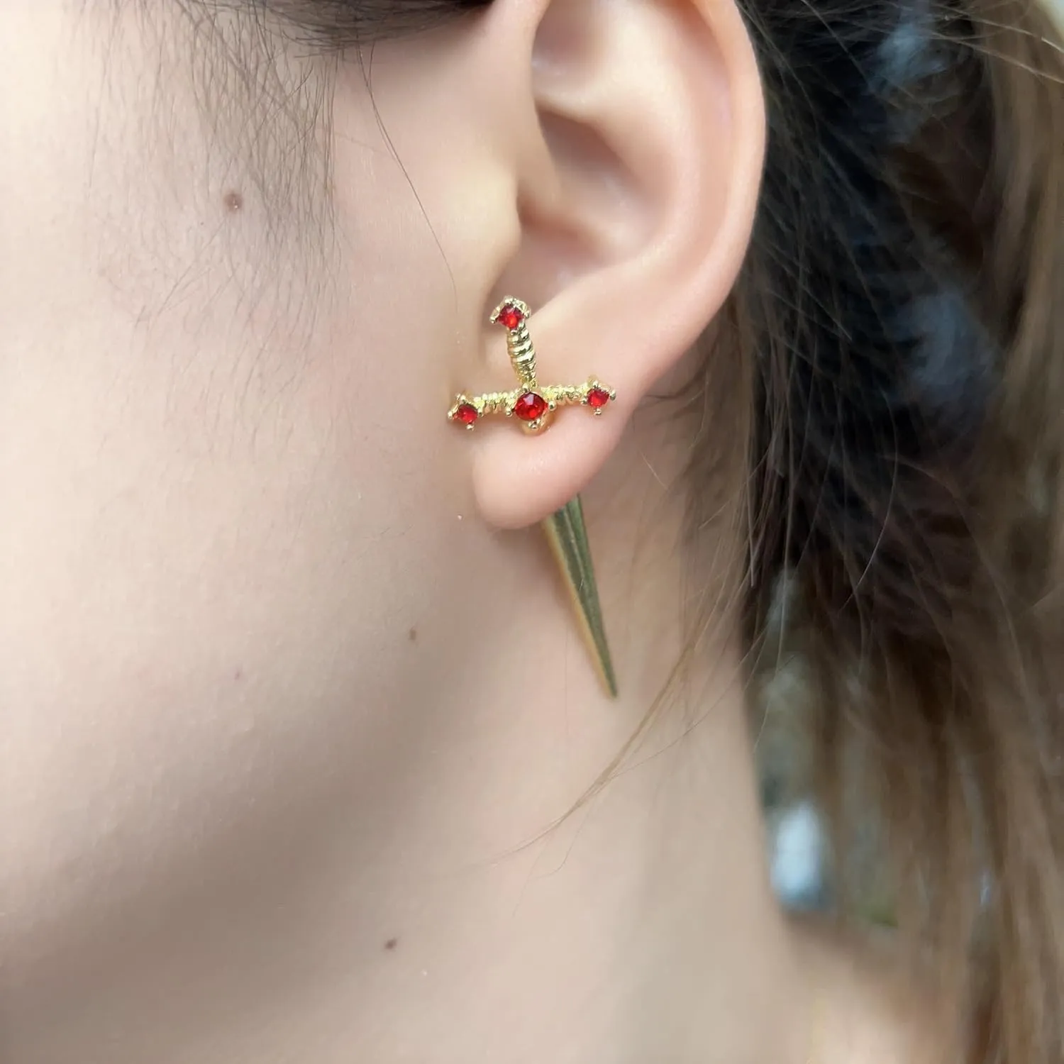Gothic Sword Earrings Rhinestone Dagger Earrings Cubic Zirconia Punk Sword Earrings Black Gold Retro Sword Screw Earrings Front Back Stud Earrings for Women