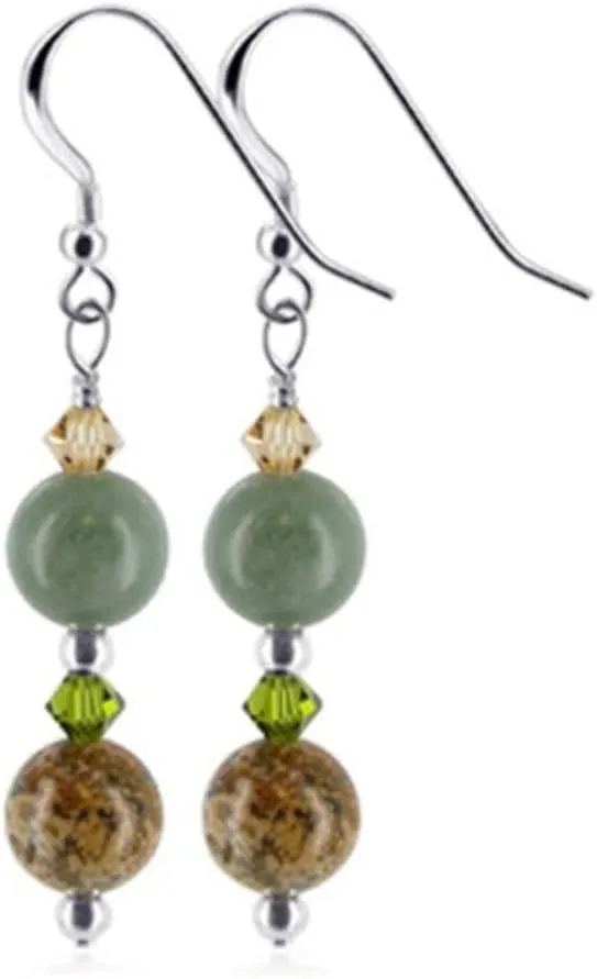 Green Jasper with Brown Austrian Crystals 925 Sterling Silver Handmade Drop Earrings for Women