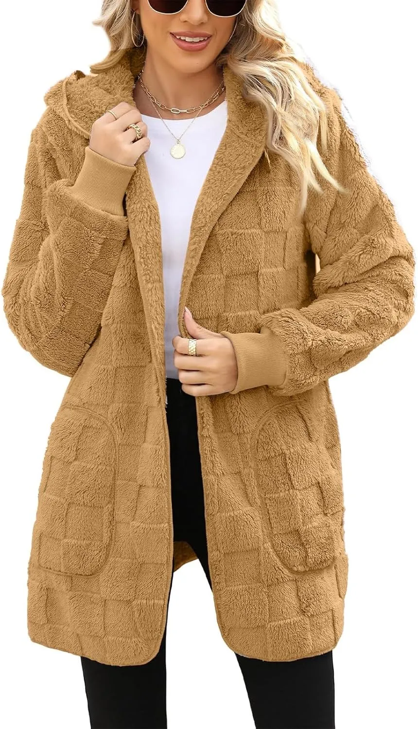 Gumipy Sherpa Jacket Women Open Front Hooded Fleece Jacket Fuzzy Warm Womens Jacket Cardigan Trendy Women Winter Clothes
