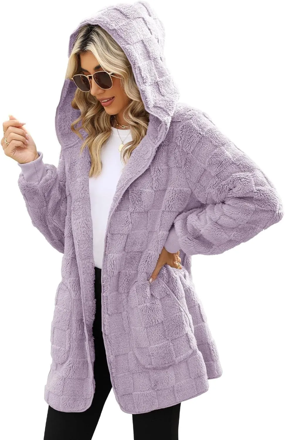 Gumipy Sherpa Jacket Women Open Front Hooded Fleece Jacket Fuzzy Warm Womens Jacket Cardigan Trendy Women Winter Clothes