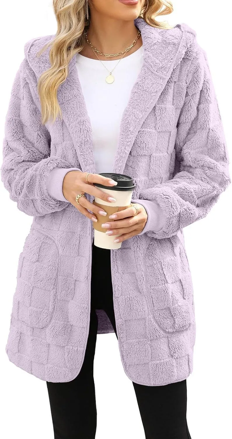 Gumipy Sherpa Jacket Women Open Front Hooded Fleece Jacket Fuzzy Warm Womens Jacket Cardigan Trendy Women Winter Clothes