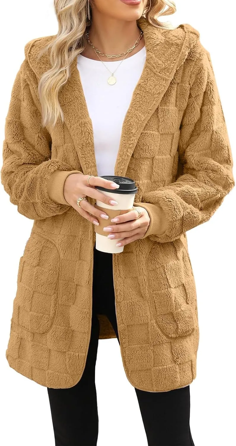 Gumipy Sherpa Jacket Women Open Front Hooded Fleece Jacket Fuzzy Warm Womens Jacket Cardigan Trendy Women Winter Clothes