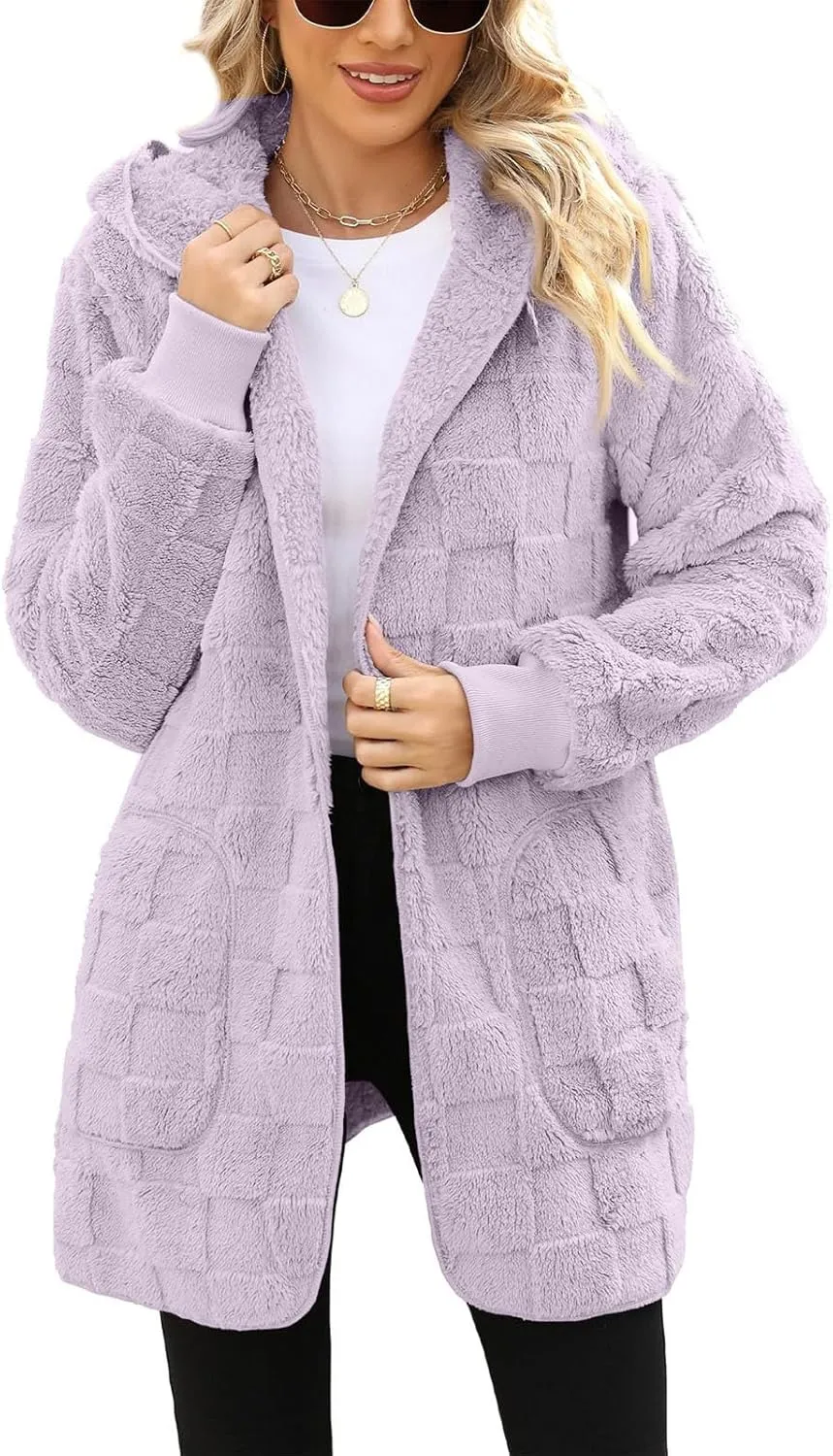 Gumipy Sherpa Jacket Women Open Front Hooded Fleece Jacket Fuzzy Warm Womens Jacket Cardigan Trendy Women Winter Clothes