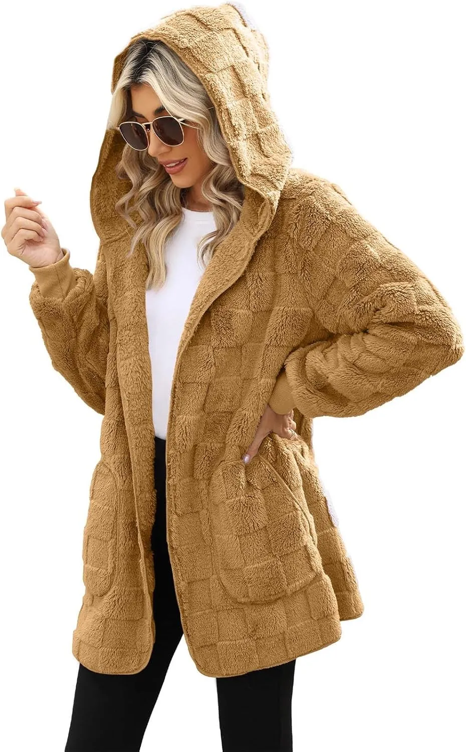 Gumipy Sherpa Jacket Women Open Front Hooded Fleece Jacket Fuzzy Warm Womens Jacket Cardigan Trendy Women Winter Clothes