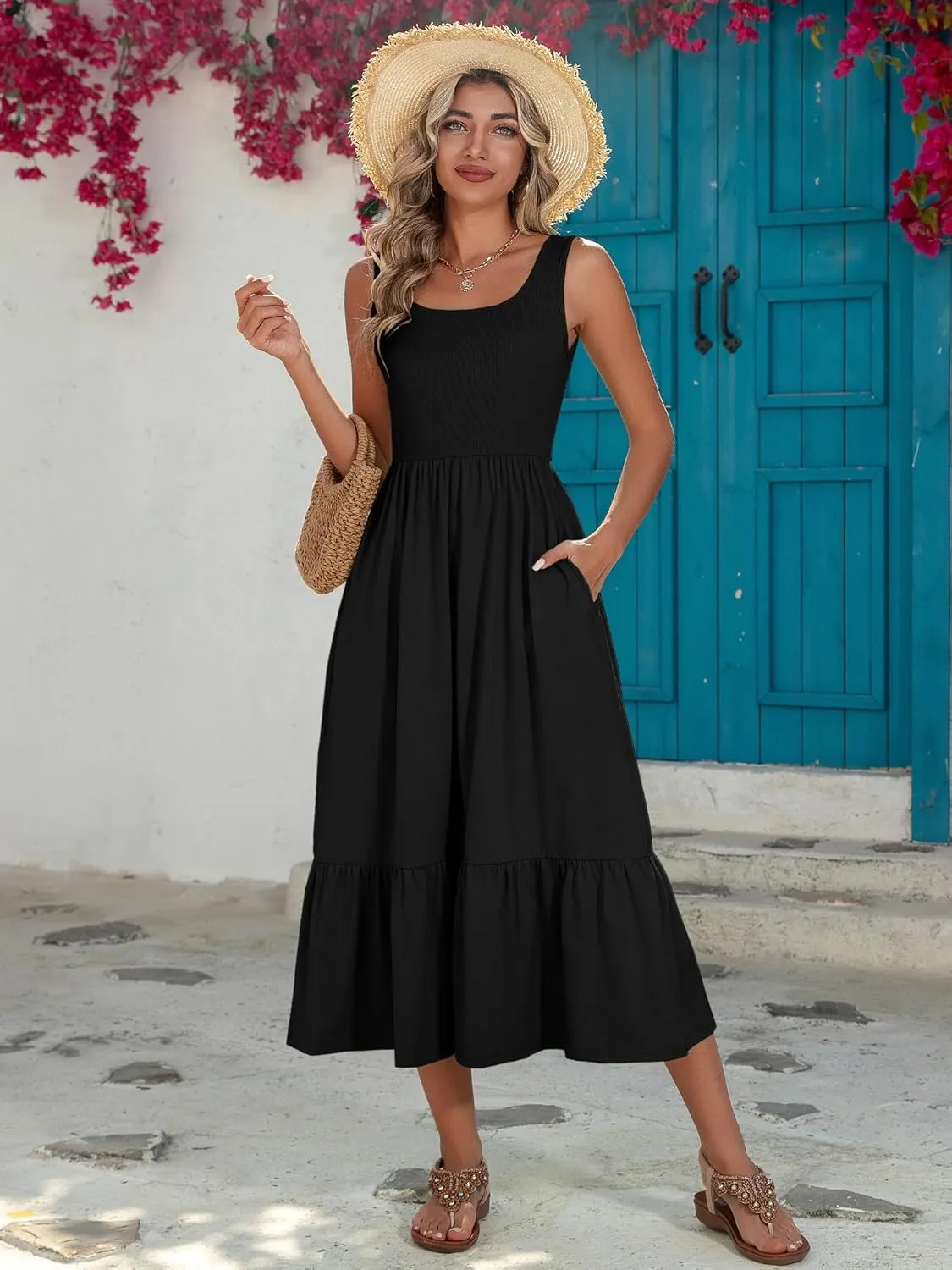 HDLTE Women Summer Dresses 2025 Square Neck Tiered Tank Long Maxi Casual Sundress with Pockets