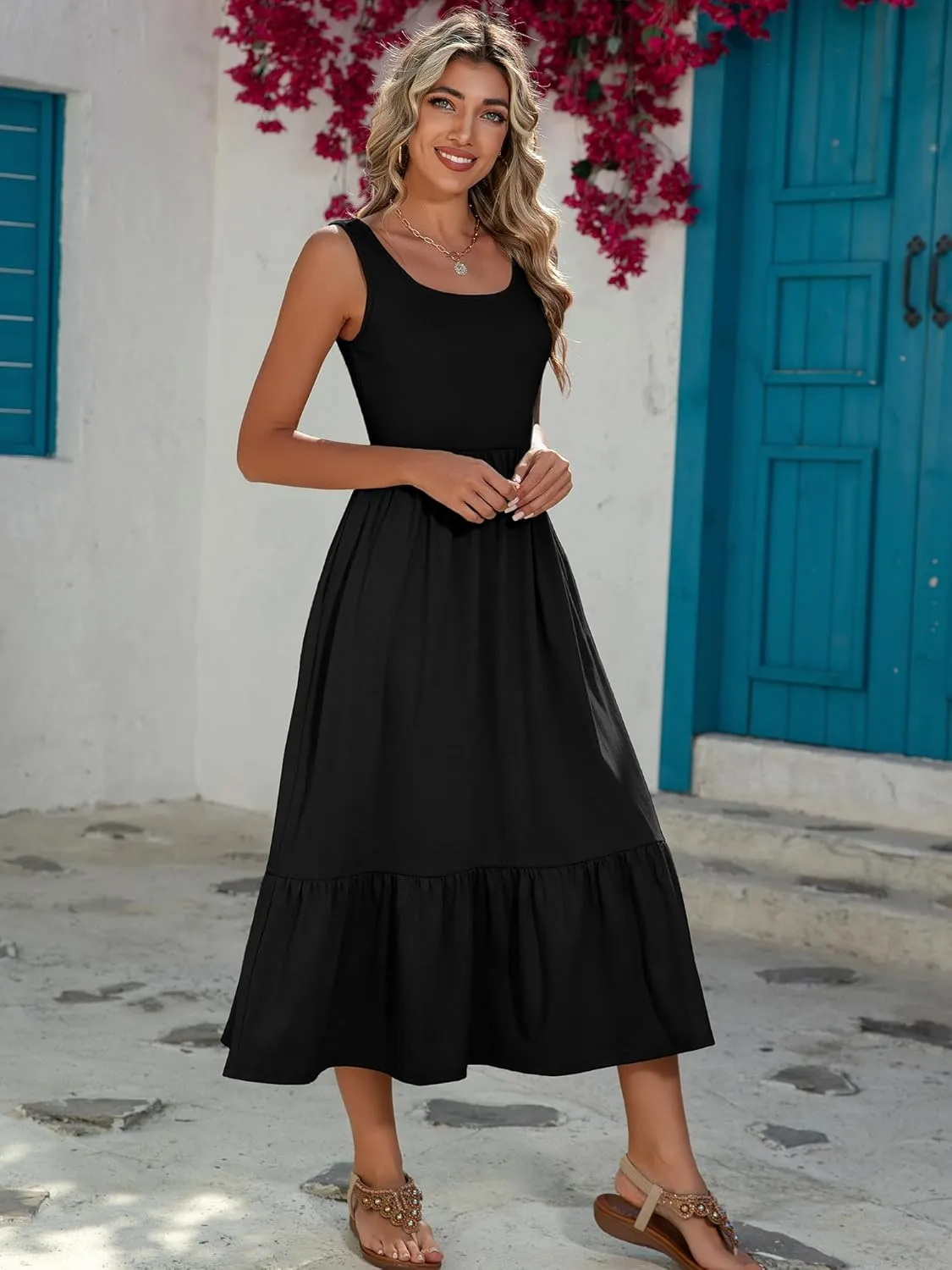 HDLTE Women Summer Dresses 2025 Square Neck Tiered Tank Long Maxi Casual Sundress with Pockets