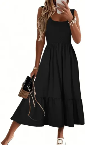 HDLTE Women Summer Dresses 2025 Square Neck Tiered Tank Long Maxi Casual Sundress with Pockets