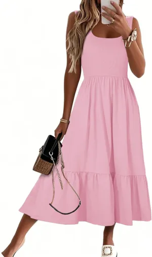 HDLTE Women Summer Dresses 2025 Square Neck Tiered Tank Long Maxi Casual Sundress with Pockets