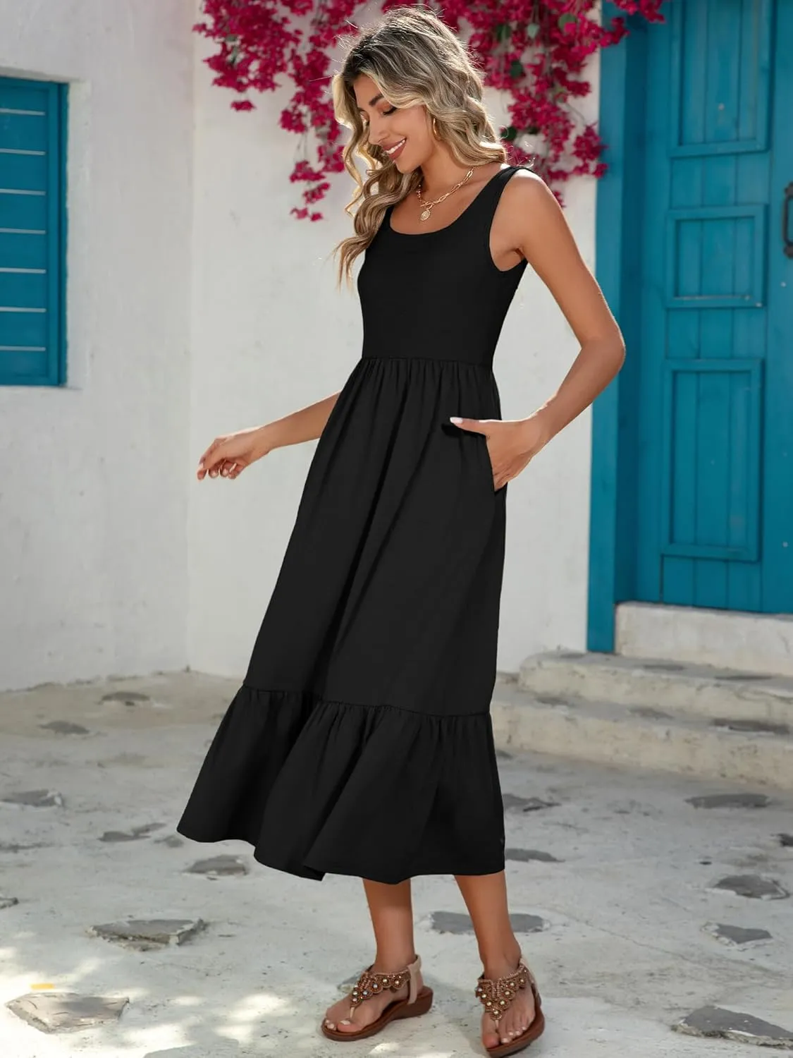 HDLTE Women Summer Dresses 2025 Square Neck Tiered Tank Long Maxi Casual Sundress with Pockets