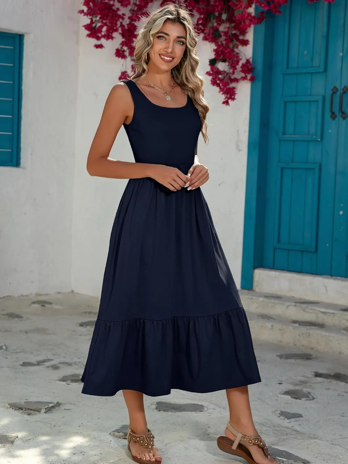 HDLTE Women Summer Dresses 2025 Square Neck Tiered Tank Long Maxi Casual Sundress with Pockets