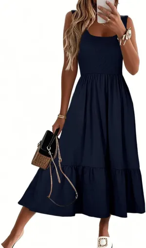 HDLTE Women Summer Dresses 2025 Square Neck Tiered Tank Long Maxi Casual Sundress with Pockets
