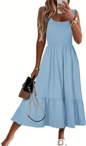 HDLTE Women Summer Dresses 2025 Square Neck Tiered Tank Long Maxi Casual Sundress with Pockets