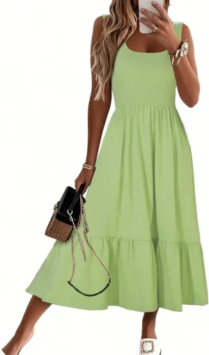 HDLTE Women Summer Dresses 2025 Square Neck Tiered Tank Long Maxi Casual Sundress with Pockets