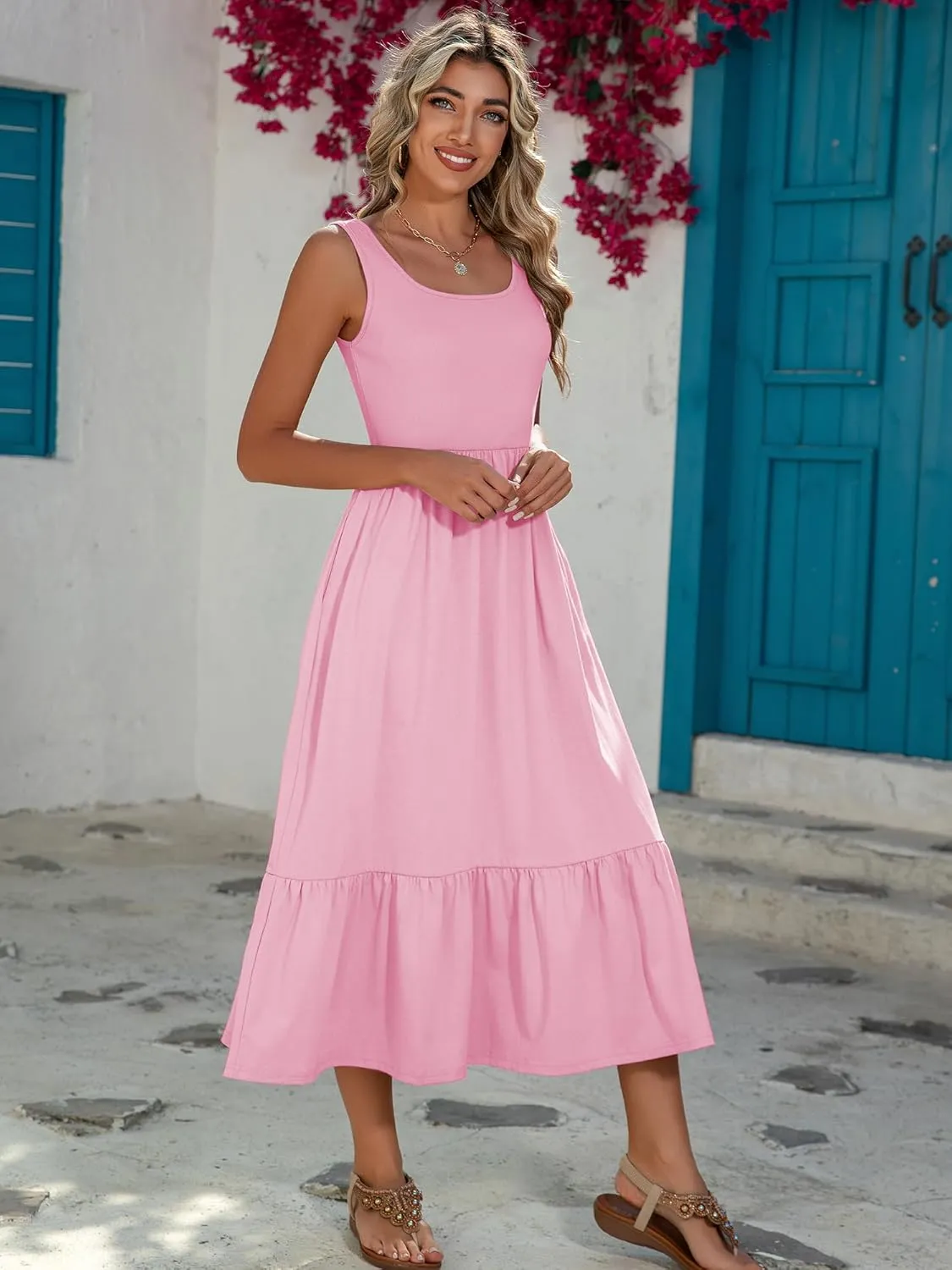 HDLTE Women Summer Dresses 2025 Square Neck Tiered Tank Long Maxi Casual Sundress with Pockets