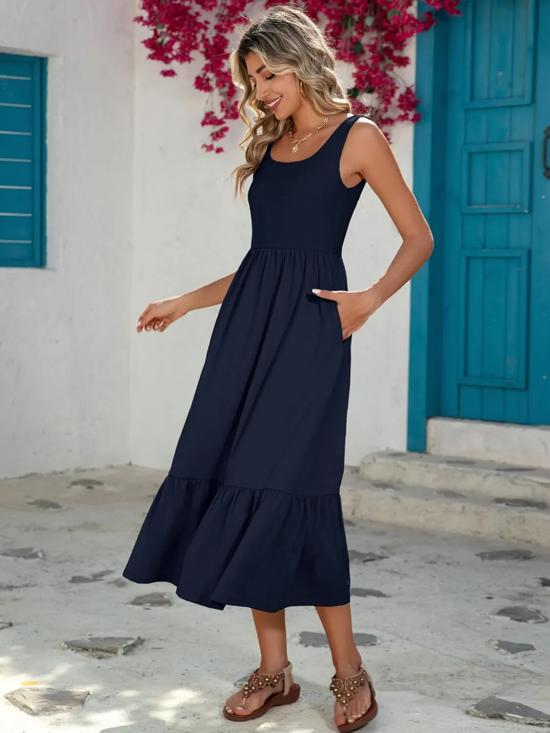 HDLTE Women Summer Dresses 2025 Square Neck Tiered Tank Long Maxi Casual Sundress with Pockets