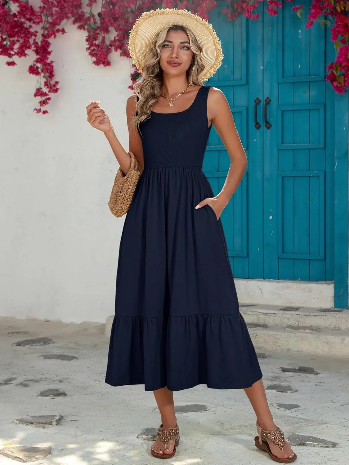 HDLTE Women Summer Dresses 2025 Square Neck Tiered Tank Long Maxi Casual Sundress with Pockets