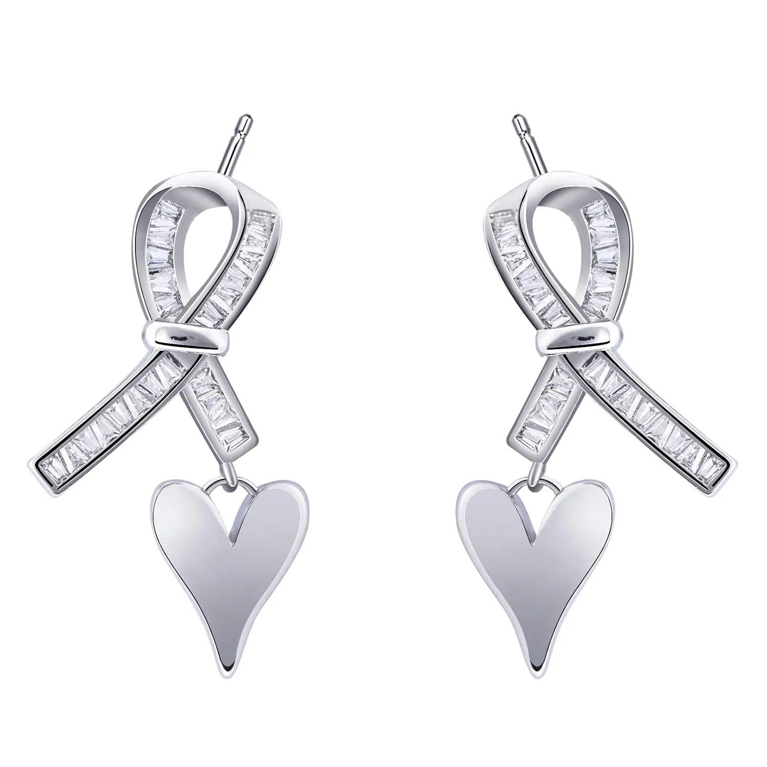 Heart Earrings Ribbon Earrings for Women 925 Sterling Silver Earrings Bow Earrings Dangle Earrings for Woman