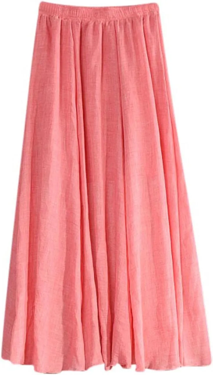 HGps8w Cotton Linen Maxi Skirt for Women - Casual Comfy Elastic Waiste Versatile Solid Color Ankle Length Skirts