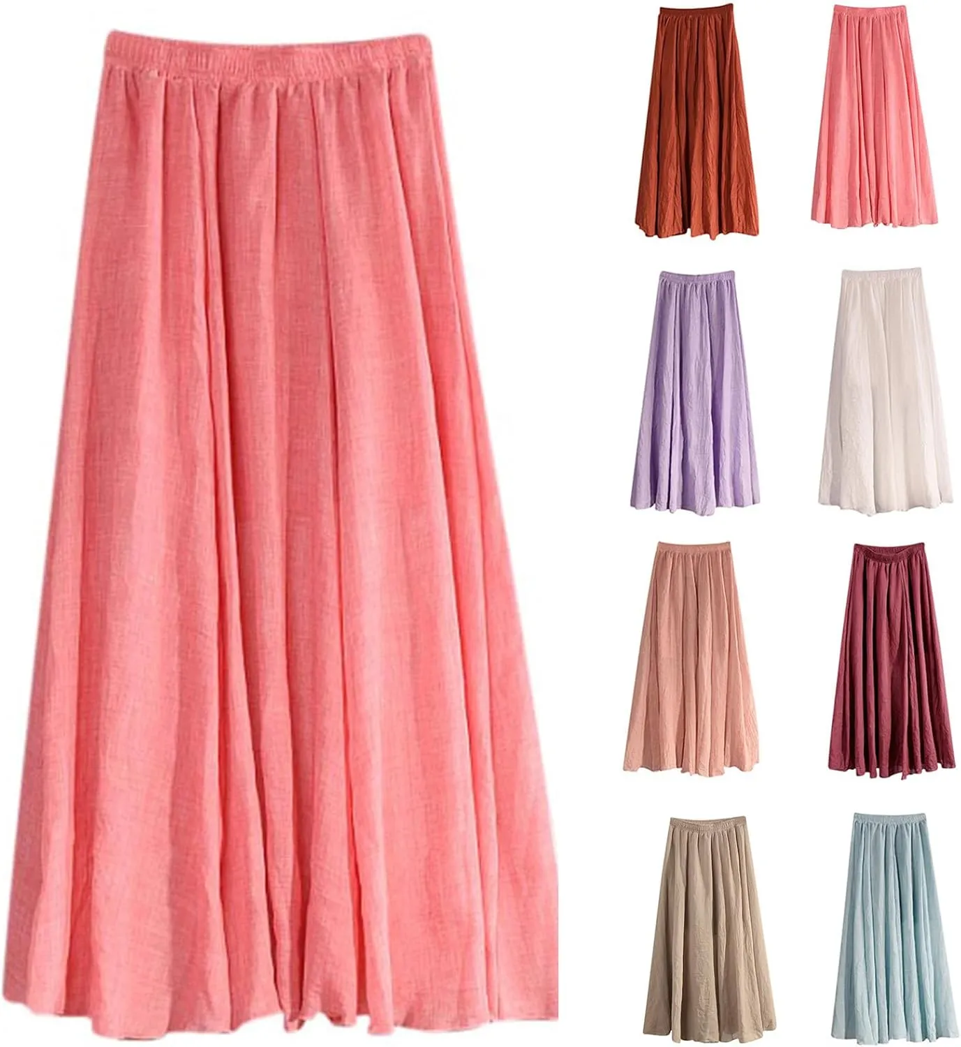 HGps8w Cotton Linen Maxi Skirt for Women - Casual Comfy Elastic Waiste Versatile Solid Color Ankle Length Skirts
