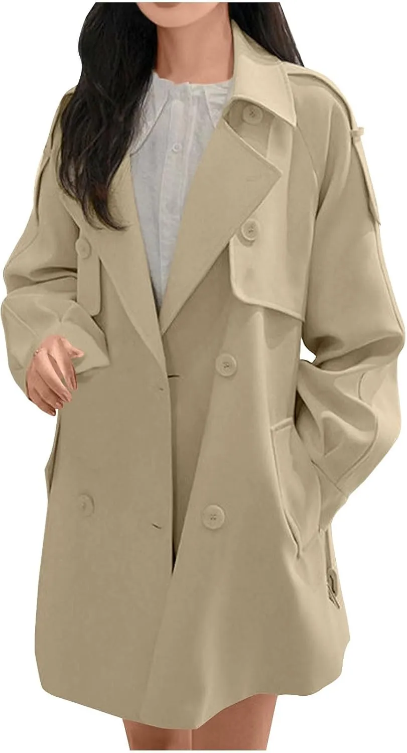 HGps8w Double-Breasted Trench Coat for Women Classic Notch Lapel Wool Blend Winter Pea Coat Mid-Long Outerwear Jackets