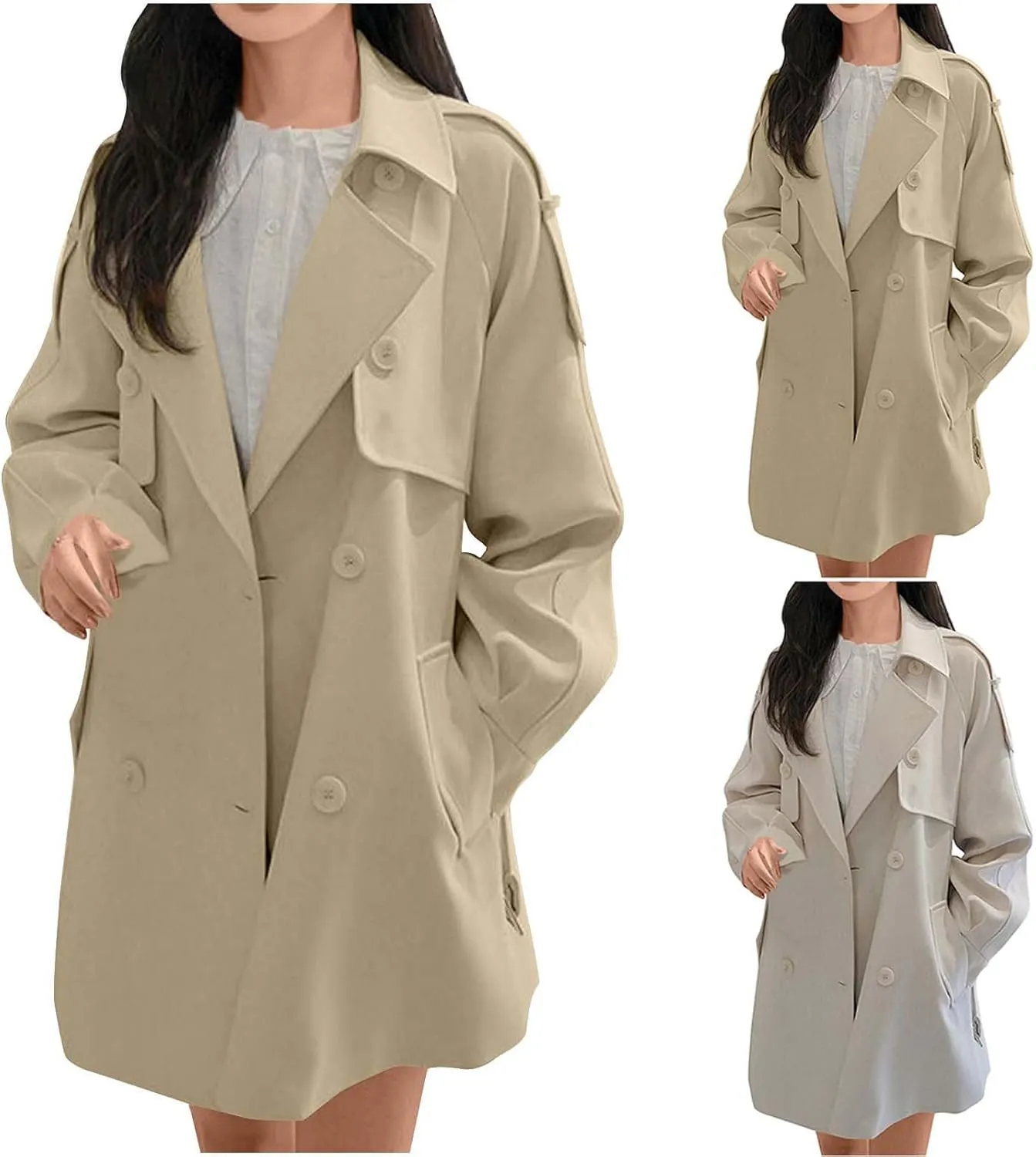 HGps8w Double-Breasted Trench Coat for Women Classic Notch Lapel Wool Blend Winter Pea Coat Mid-Long Outerwear Jackets