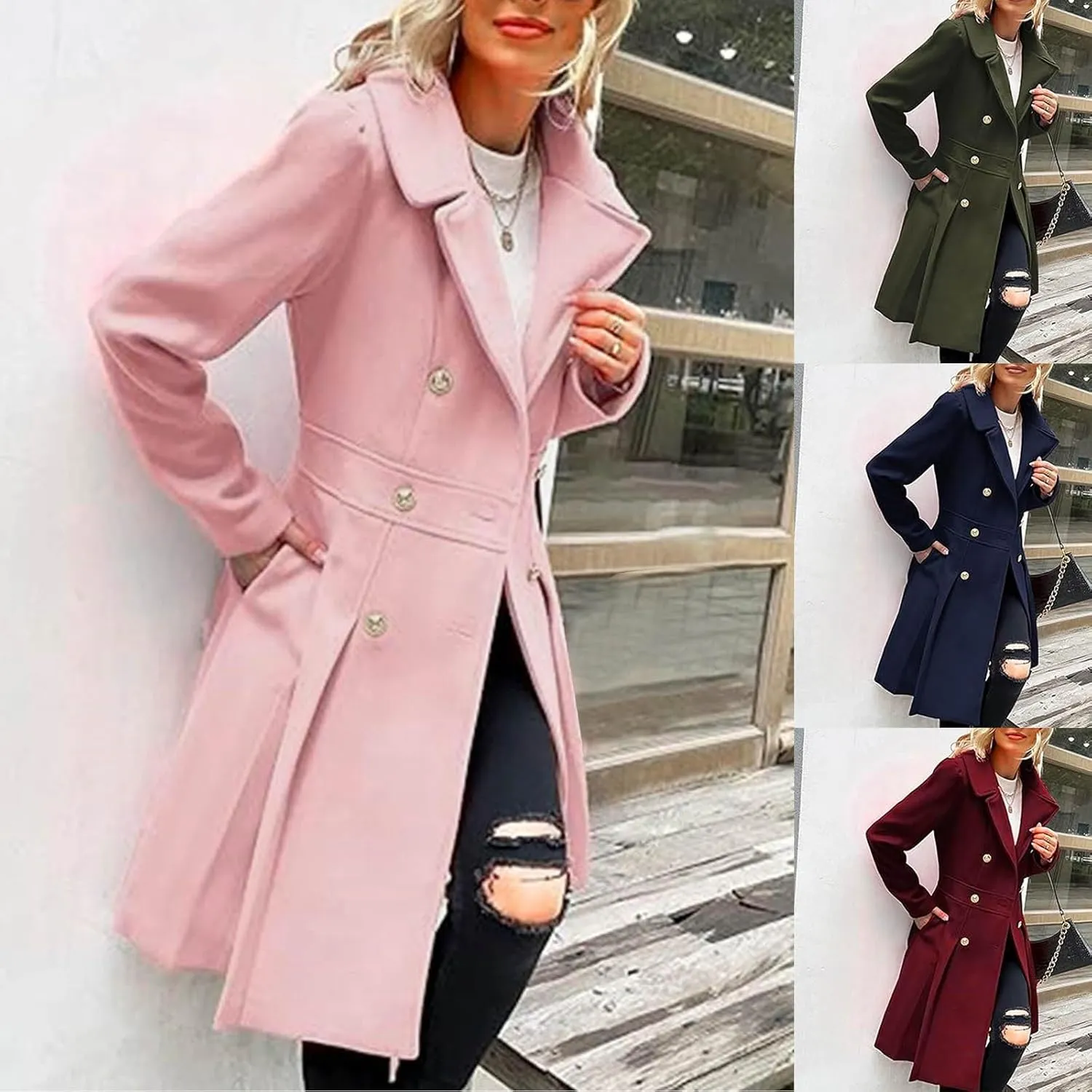 HGps8w Womens Elegant Pleated Wool Coats Double-Breasted Notched Lapel Winter Wool Blend Peacoat Trench Overcoat with Pockets