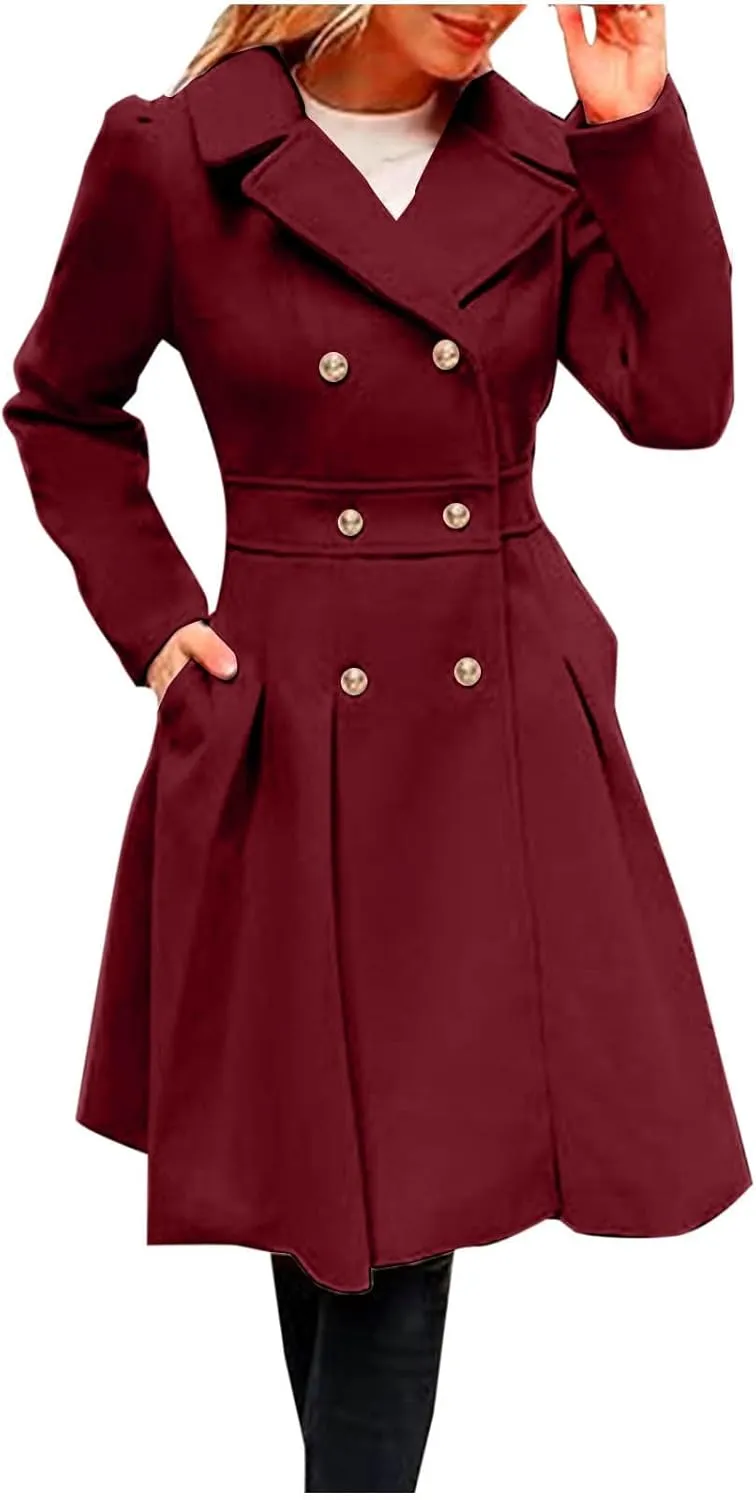 HGps8w Womens Elegant Pleated Wool Coats Double-Breasted Notched Lapel Winter Wool Blend Peacoat Trench Overcoat with Pockets