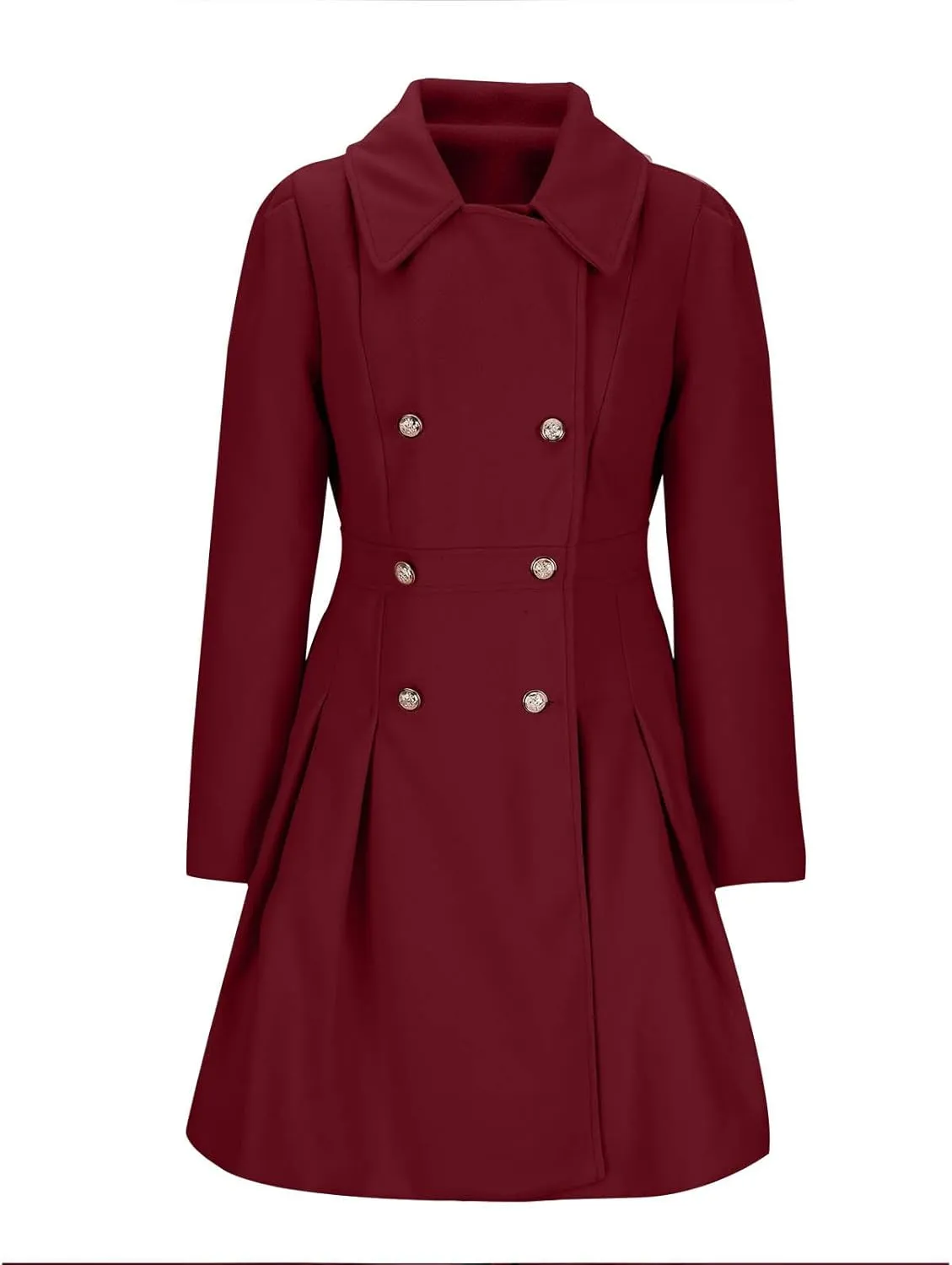 HGps8w Womens Elegant Pleated Wool Coats Double-Breasted Notched Lapel Winter Wool Blend Peacoat Trench Overcoat with Pockets