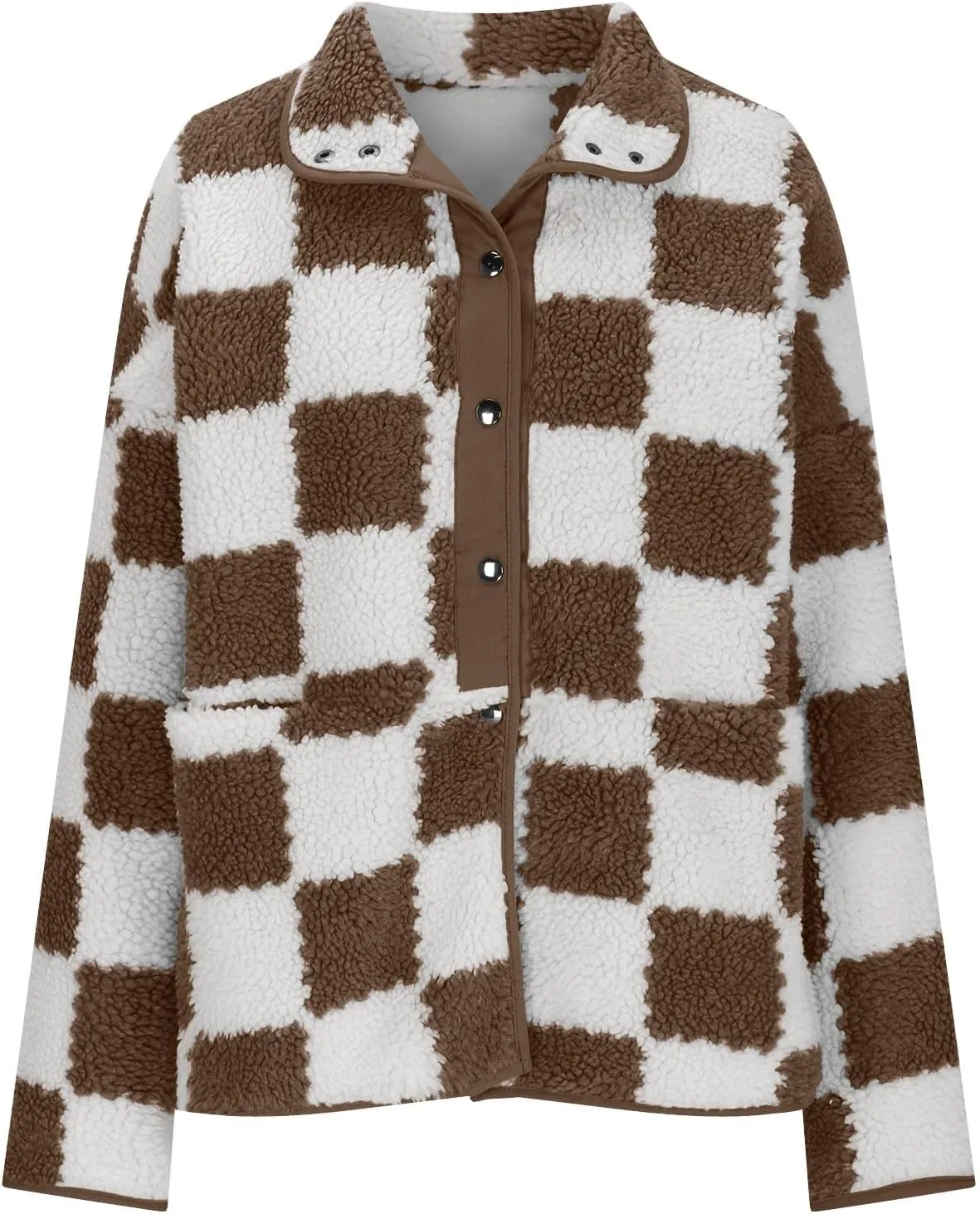 HGps8w Women's Fleece Checkerboard Winter Coats Loose Button Down Plaid Causal Warm Fuzzy Shearling Sherpa Jackets