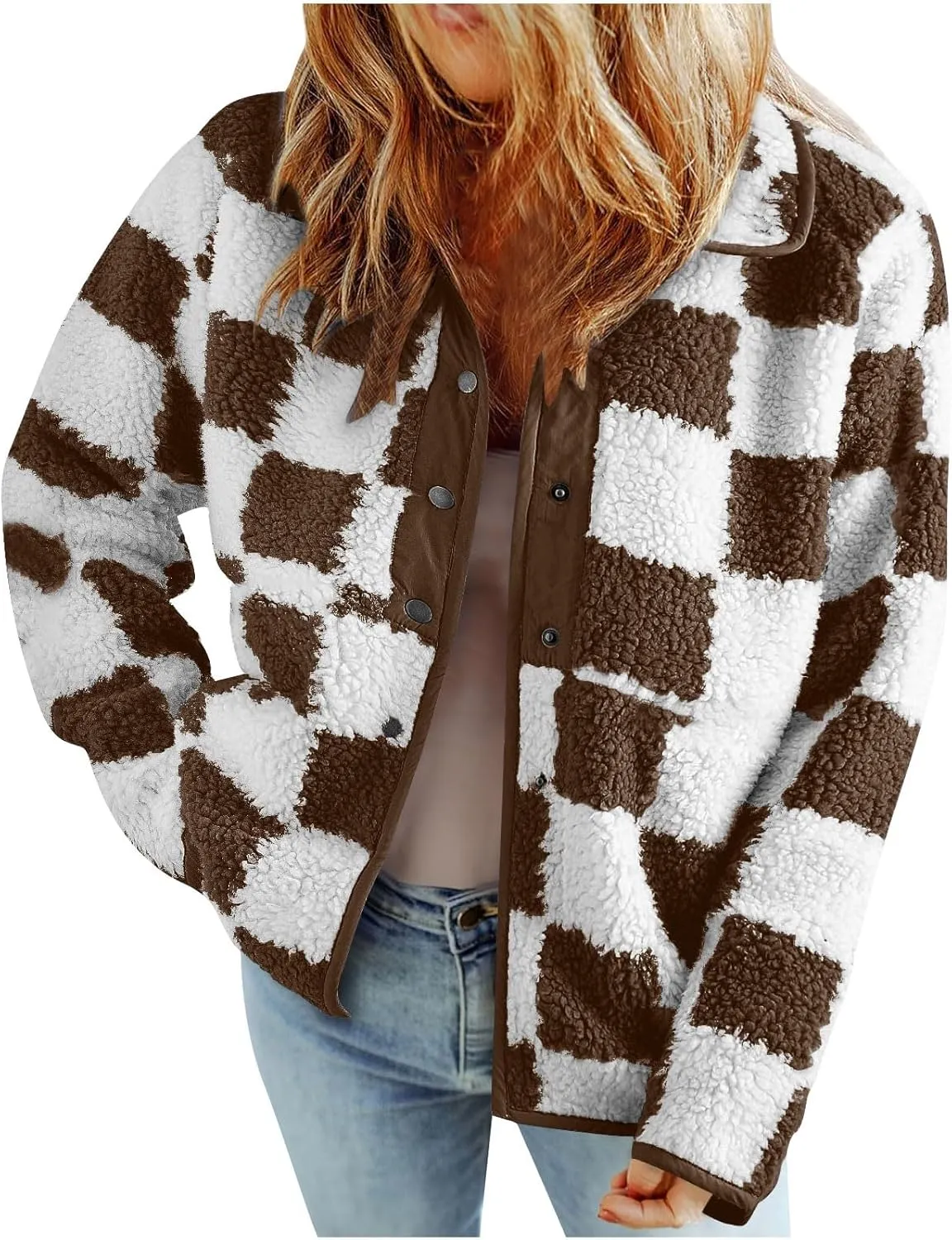HGps8w Women's Fleece Checkerboard Winter Coats Loose Button Down Plaid Causal Warm Fuzzy Shearling Sherpa Jackets