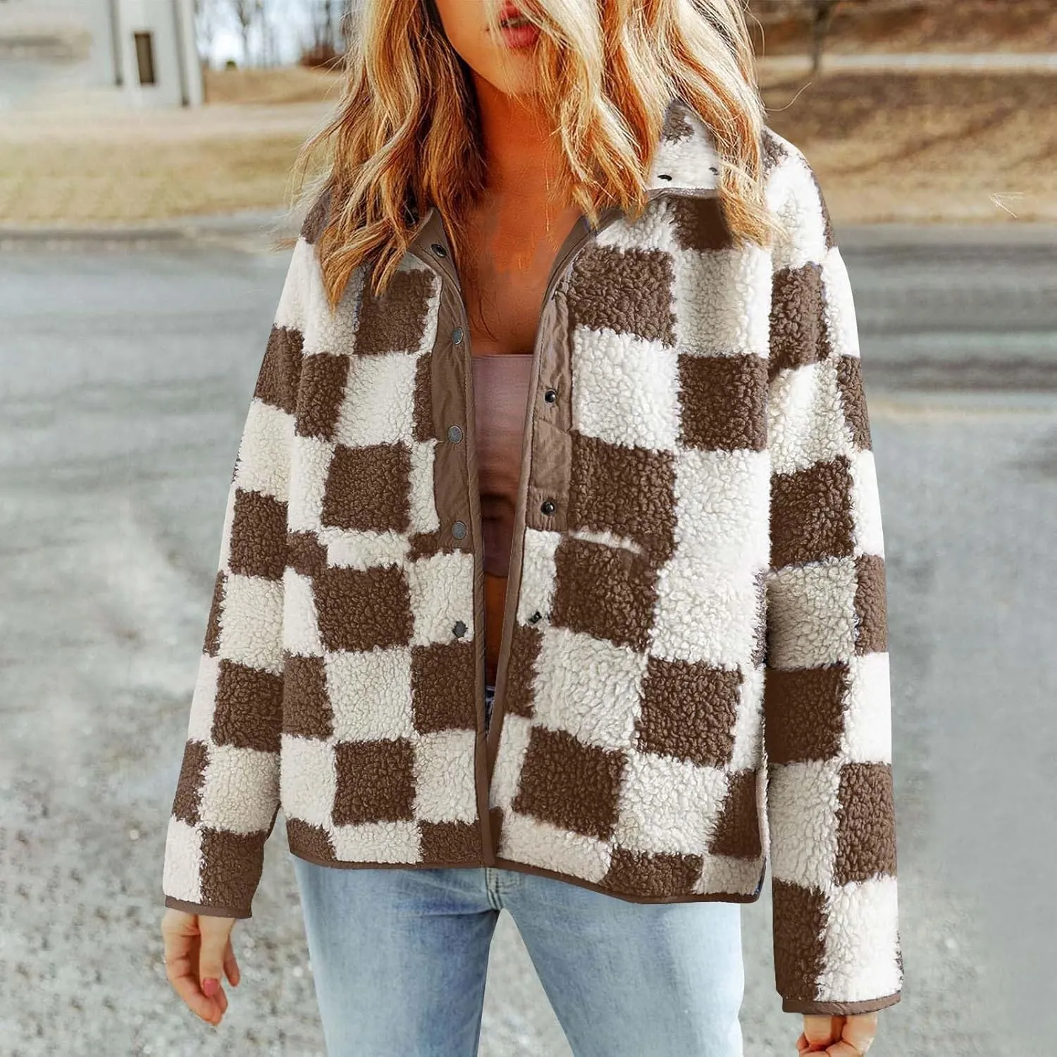HGps8w Women's Fleece Checkerboard Winter Coats Loose Button Down Plaid Causal Warm Fuzzy Shearling Sherpa Jackets