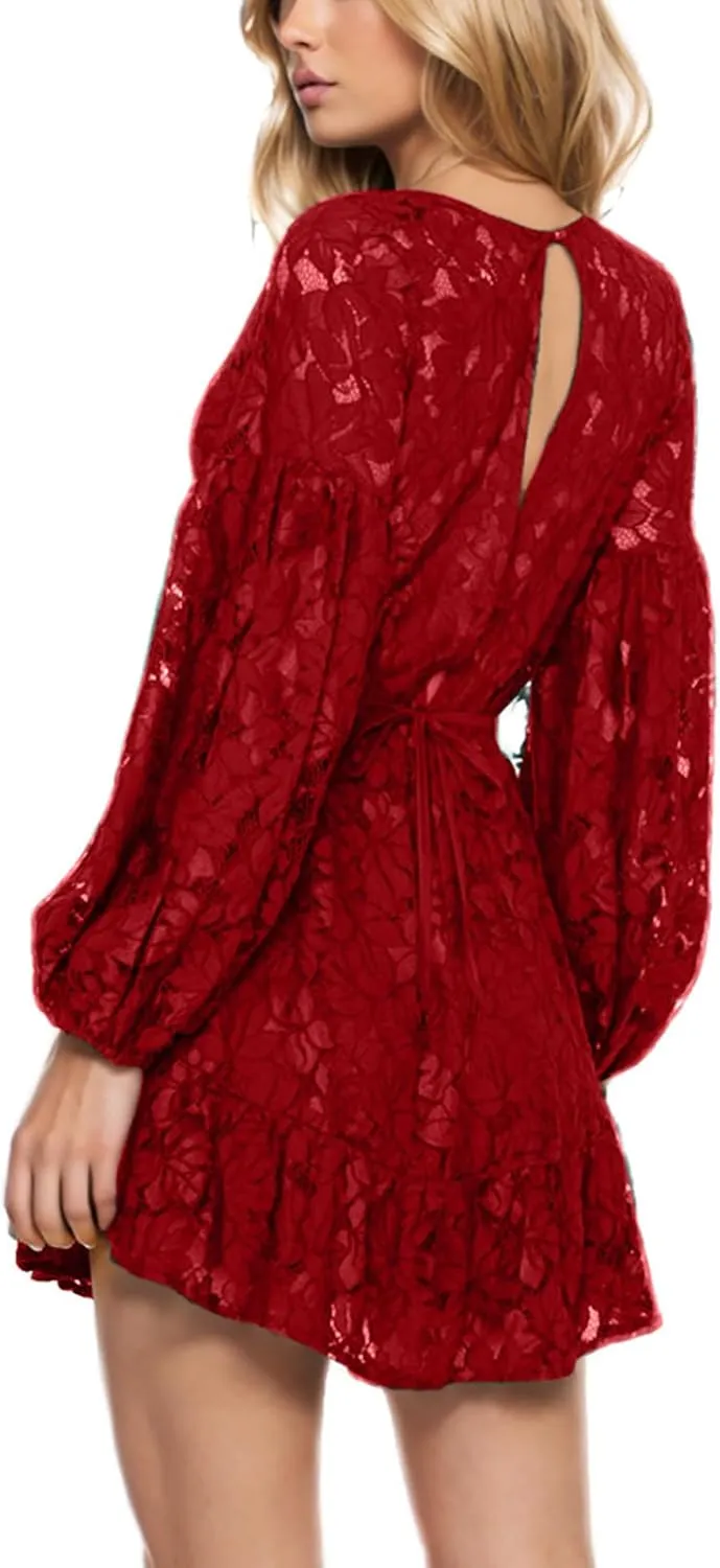 HGps8w Women's Floral Lace Homecomming Dress Deep V-Neck Lantern Sleeve Empire Waist Tie Ruffle Mini Swing Skater Dresses
