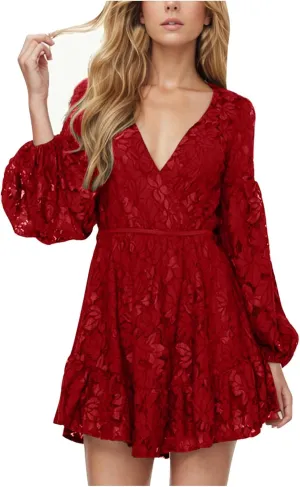HGps8w Women's Floral Lace Homecomming Dress Deep V-Neck Lantern Sleeve Empire Waist Tie Ruffle Mini Swing Skater Dresses