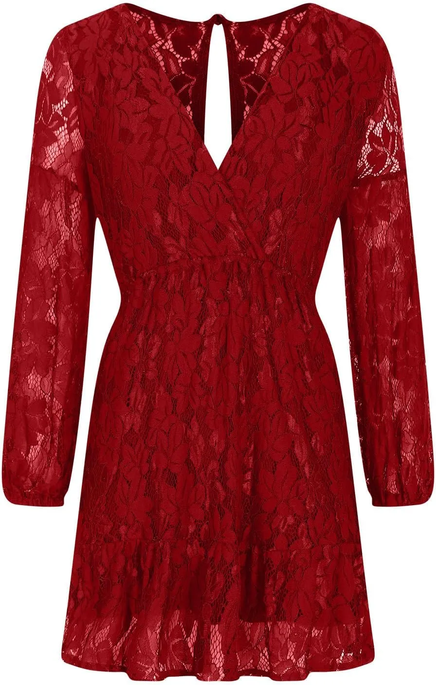 HGps8w Women's Floral Lace Homecomming Dress Deep V-Neck Lantern Sleeve Empire Waist Tie Ruffle Mini Swing Skater Dresses