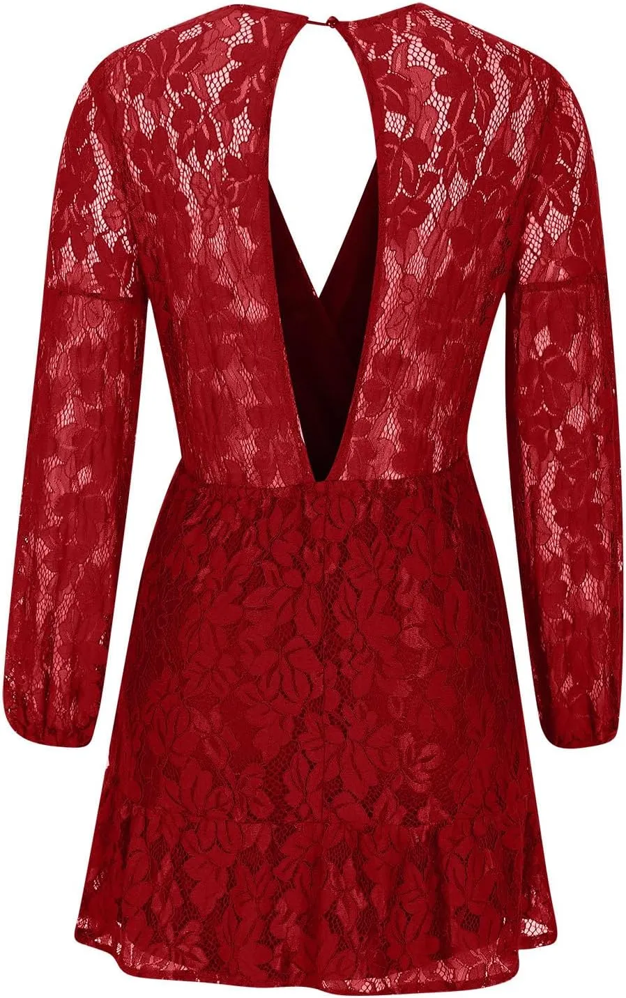 HGps8w Women's Floral Lace Homecomming Dress Deep V-Neck Lantern Sleeve Empire Waist Tie Ruffle Mini Swing Skater Dresses