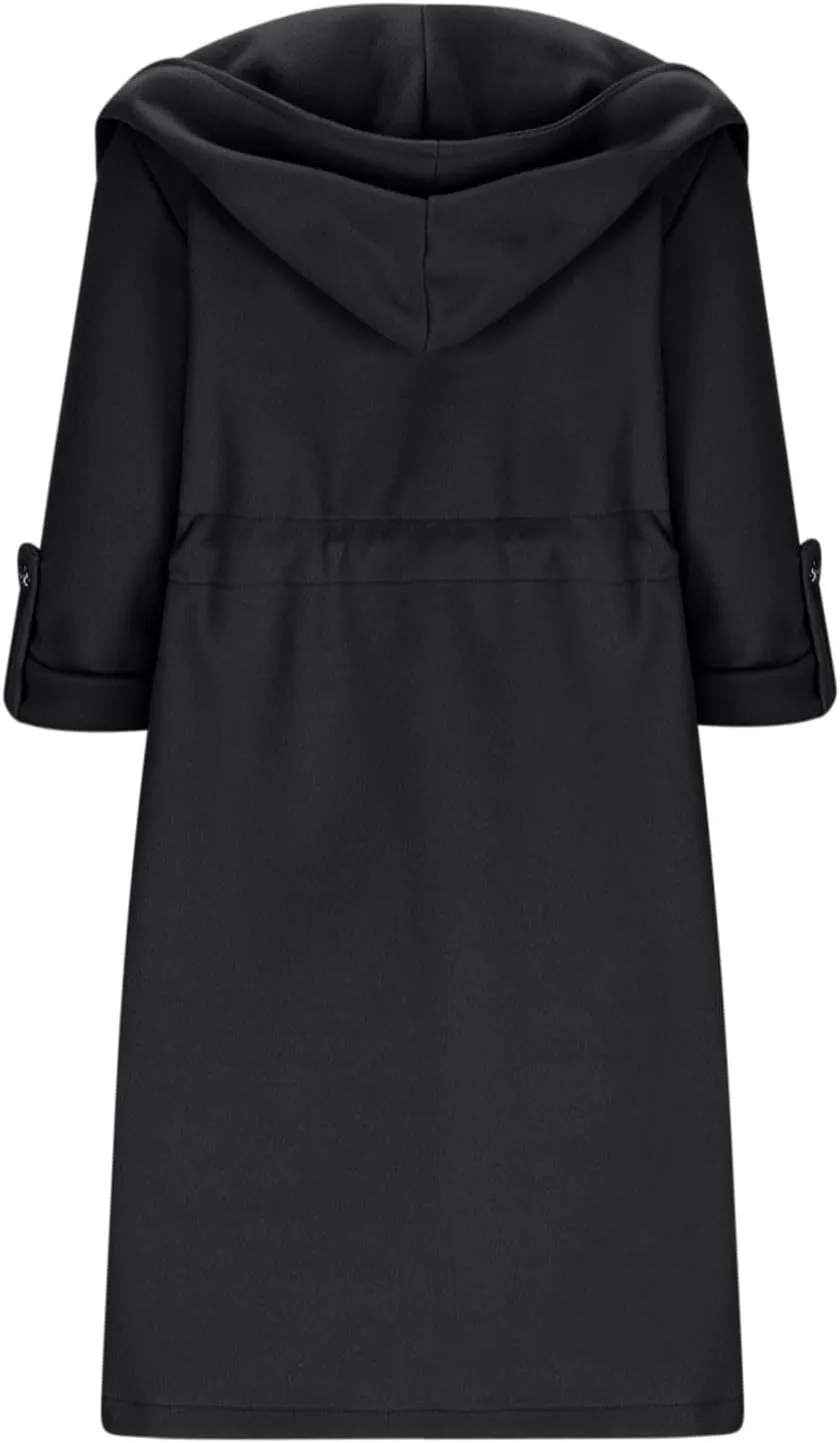 HGps8w Women's Hooded Wool Blend Pea Coat, Dressy Drawstring Waist Long Winter Overcoat Trench Jackets with Pockets