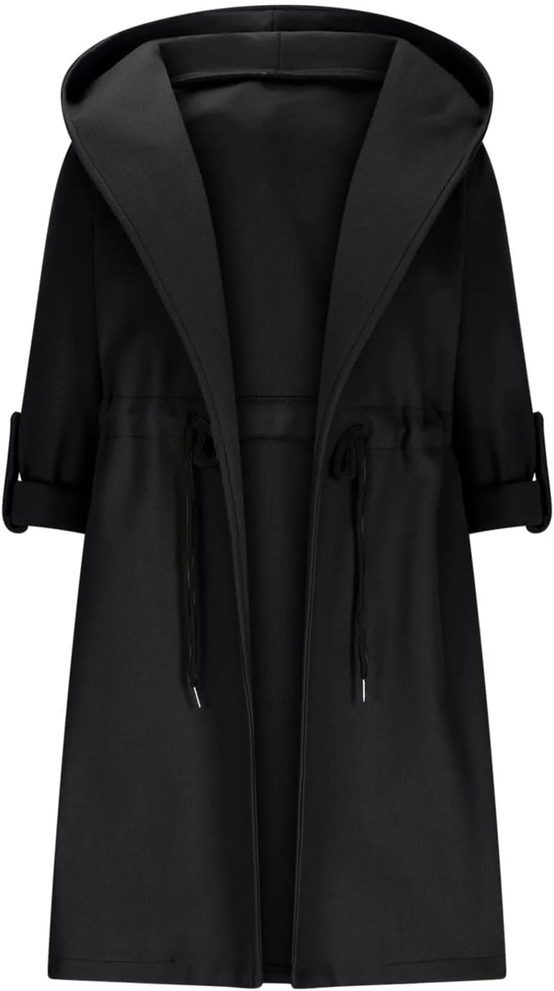 HGps8w Women's Hooded Wool Blend Pea Coat, Dressy Drawstring Waist Long Winter Overcoat Trench Jackets with Pockets