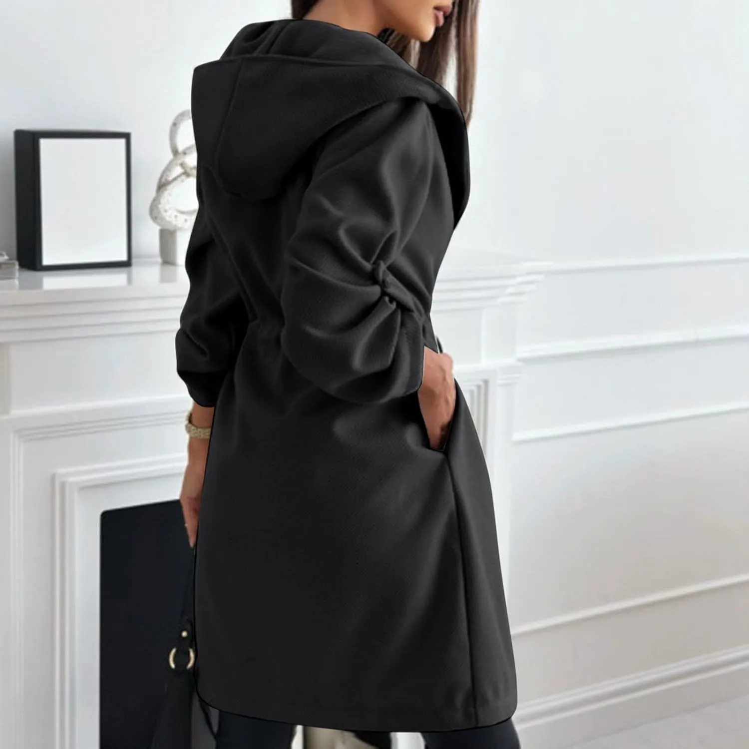 HGps8w Women's Hooded Wool Blend Pea Coat, Dressy Drawstring Waist Long Winter Overcoat Trench Jackets with Pockets