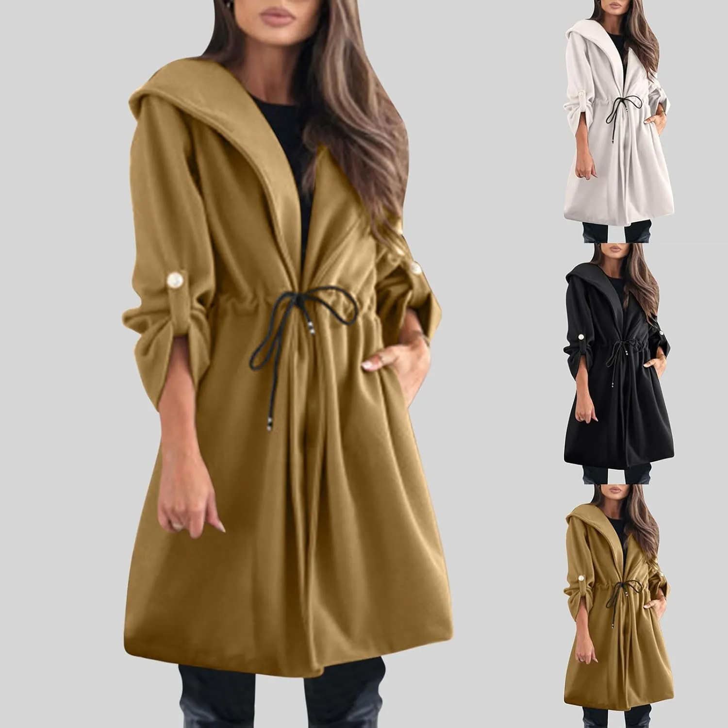 HGps8w Women's Hooded Wool Blend Pea Coat, Dressy Drawstring Waist Long Winter Overcoat Trench Jackets with Pockets