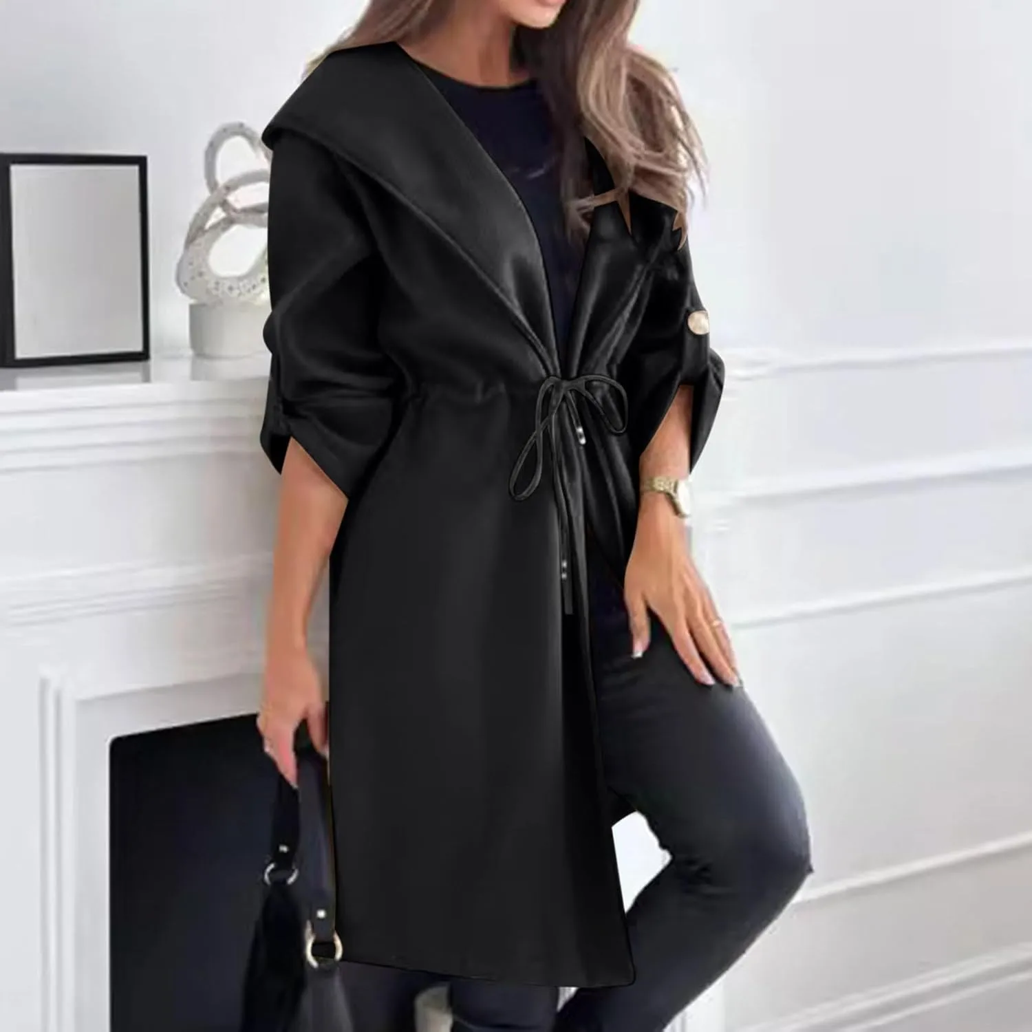 HGps8w Women's Hooded Wool Blend Pea Coat, Dressy Drawstring Waist Long Winter Overcoat Trench Jackets with Pockets