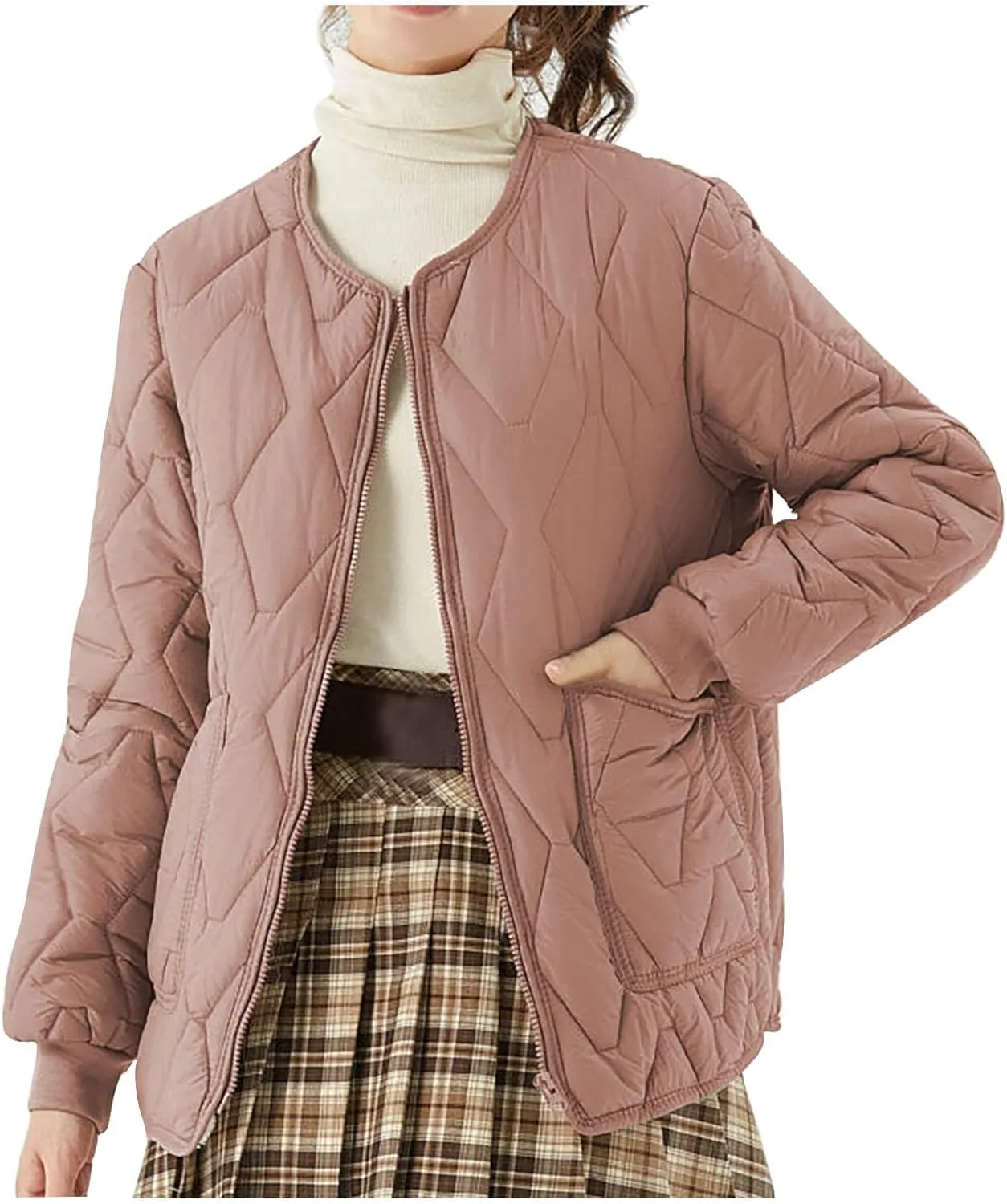 HGps8w Women's Quilted Winter Down Coat - Zip Up Long Sleeve Warm Puffer Jacket Insulated Outerwear with Pockets