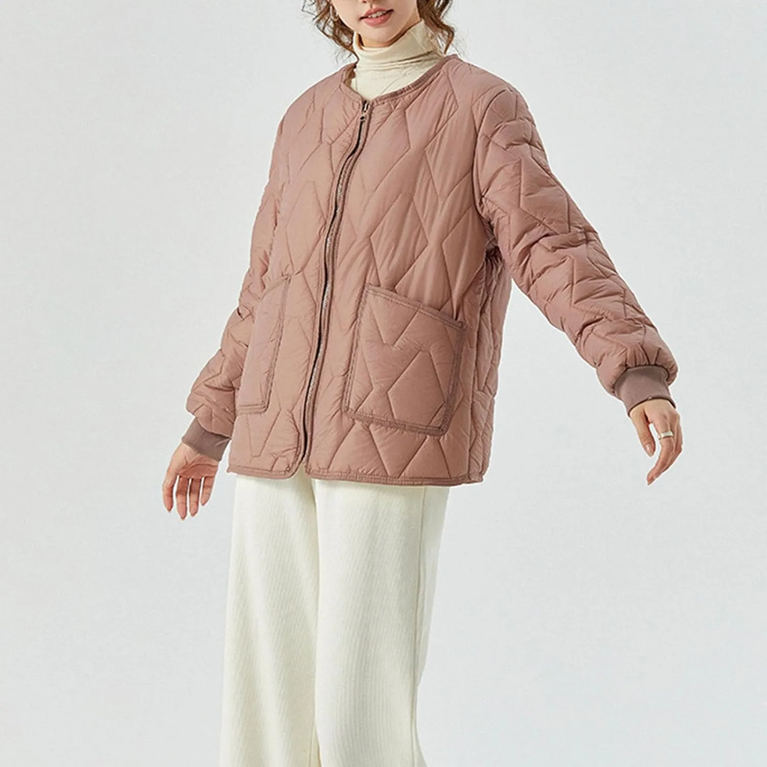 HGps8w Women's Quilted Winter Down Coat - Zip Up Long Sleeve Warm Puffer Jacket Insulated Outerwear with Pockets