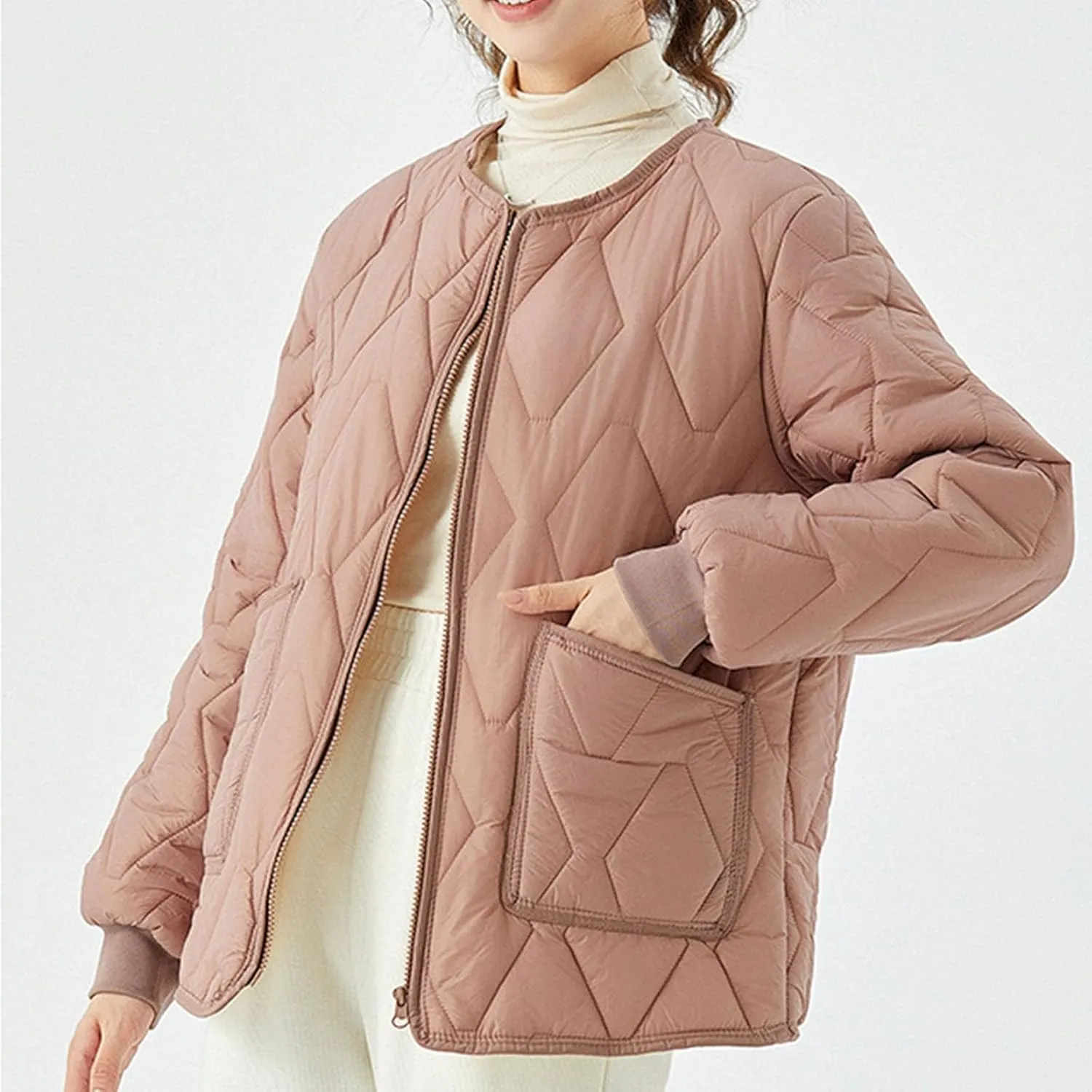 HGps8w Women's Quilted Winter Down Coat - Zip Up Long Sleeve Warm Puffer Jacket Insulated Outerwear with Pockets