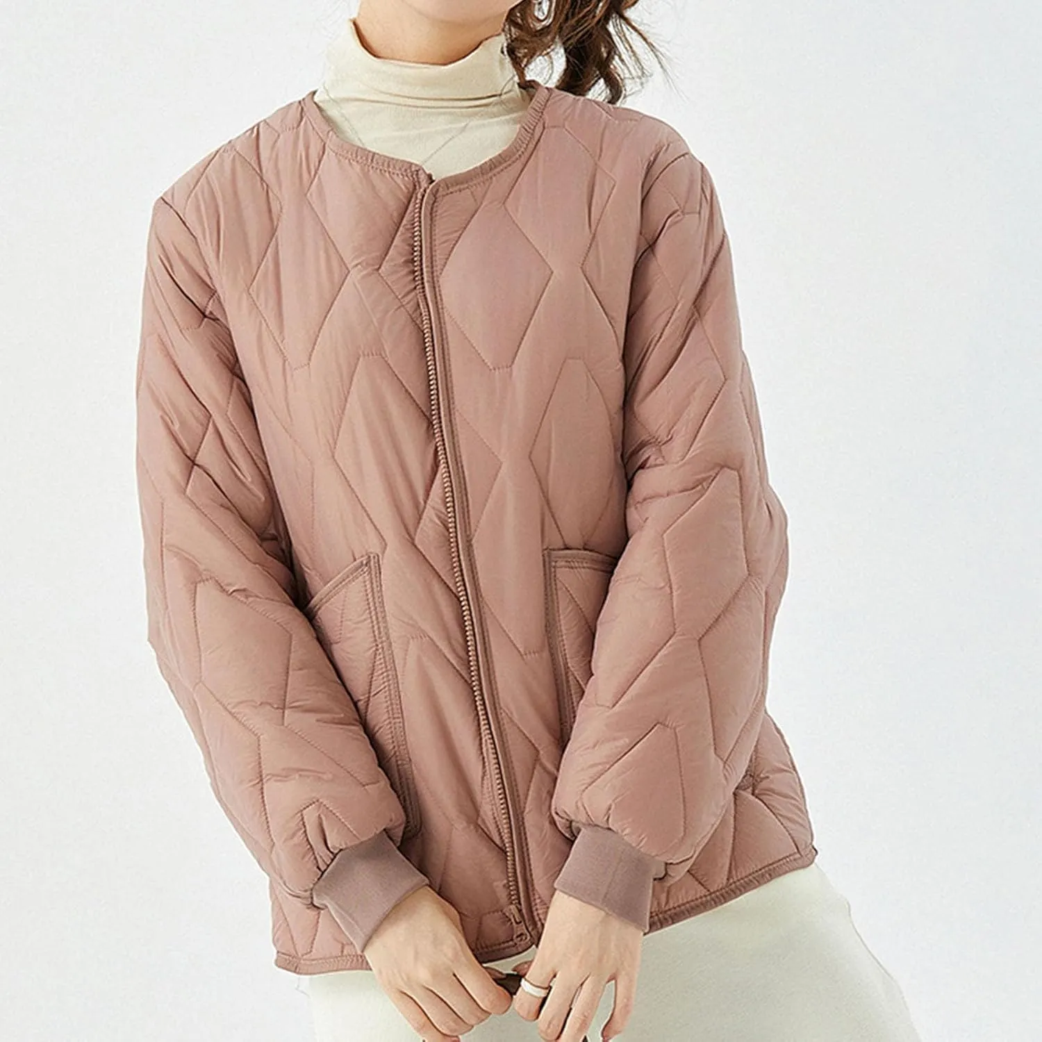 HGps8w Women's Quilted Winter Down Coat - Zip Up Long Sleeve Warm Puffer Jacket Insulated Outerwear with Pockets