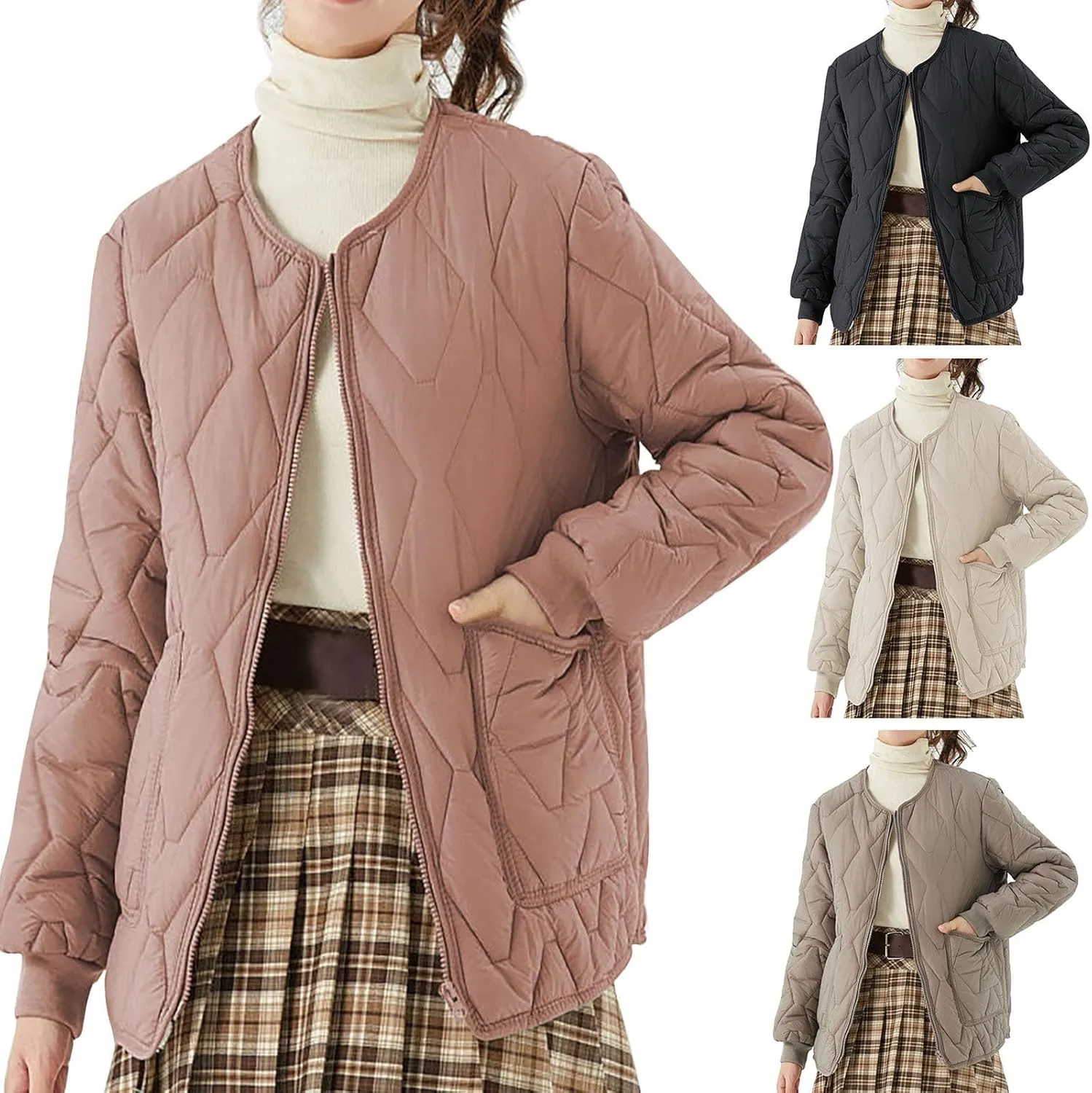 HGps8w Women's Quilted Winter Down Coat - Zip Up Long Sleeve Warm Puffer Jacket Insulated Outerwear with Pockets