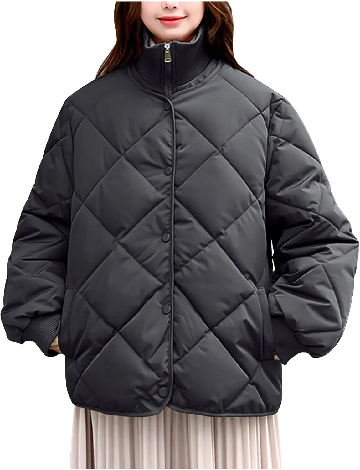 HGps8w Women's Thickened Quilted Puffer Jacket - Winter Casual Stand Collar Padded Down Coat Insulated Outerwear with Pockets